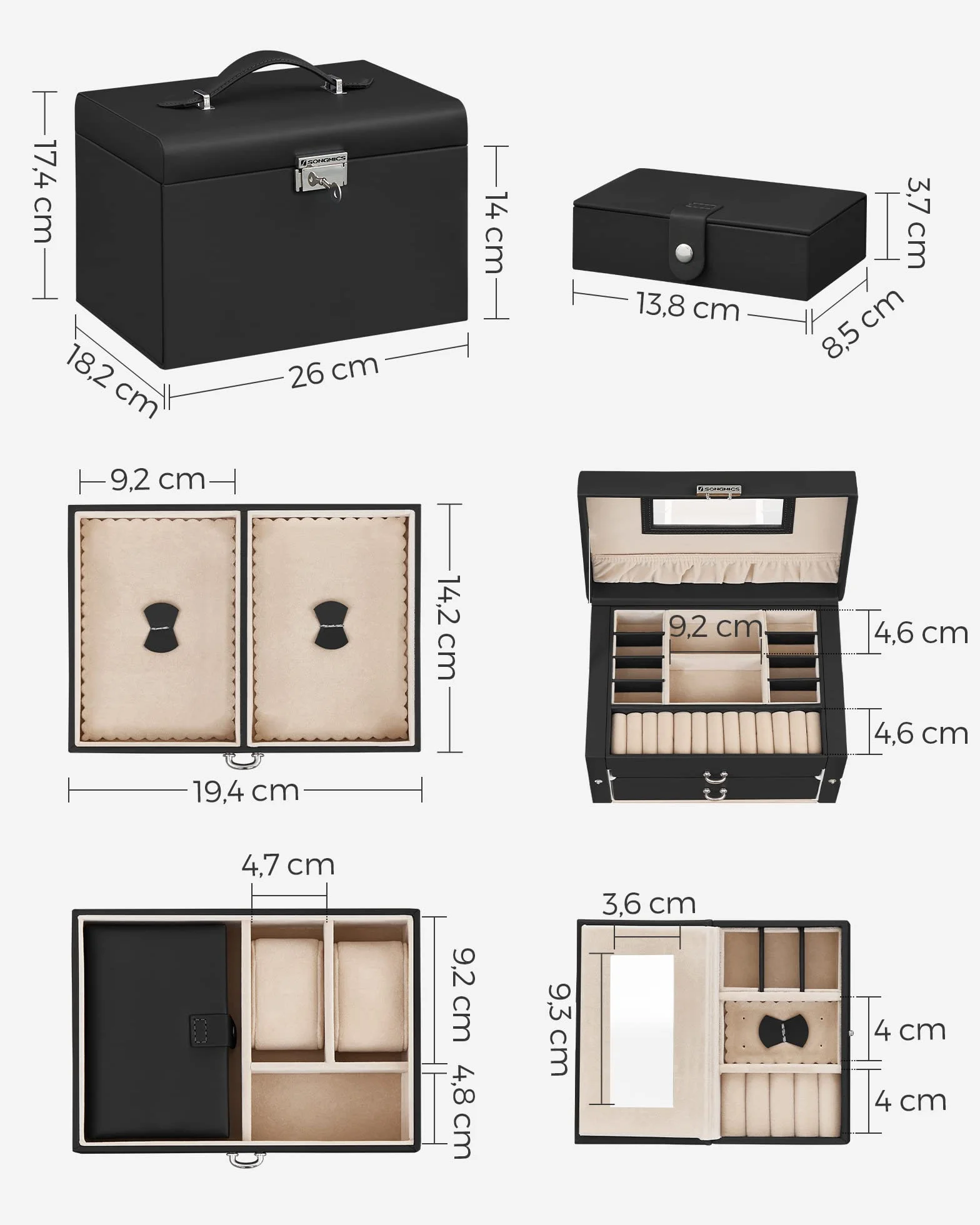 Songmics JBC121B Szkatułka Na Biżuterię, Czarny