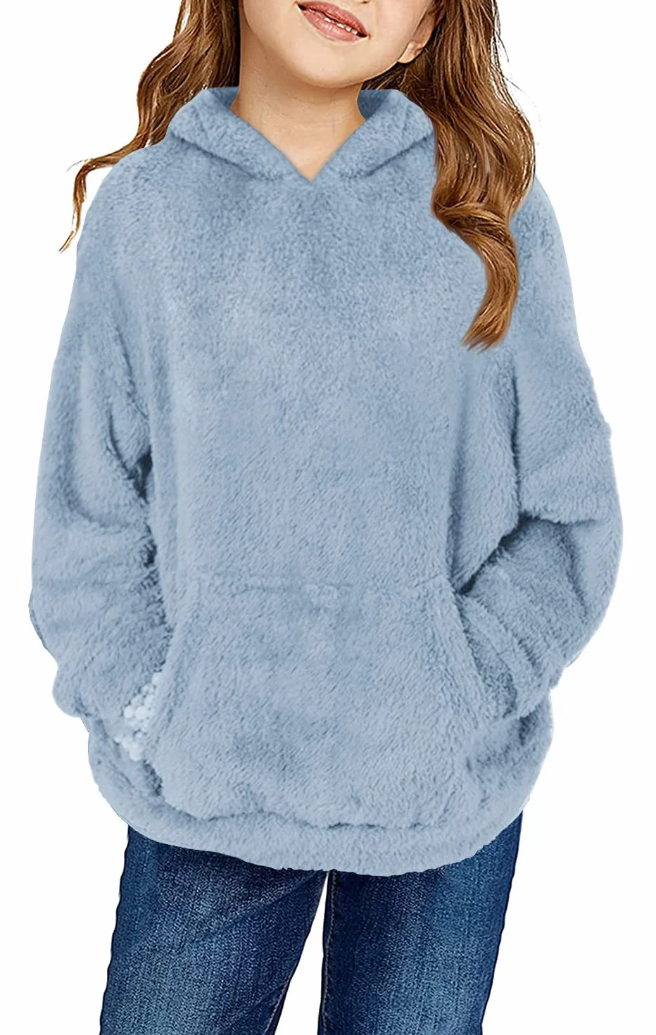 Runcati Sweter dziewczęcy sweter z kapturem Fuzzy Teddy Fleece bluzy z kapturem i kieszeniami na czas wolny ciepłe bluzy dziecięce
