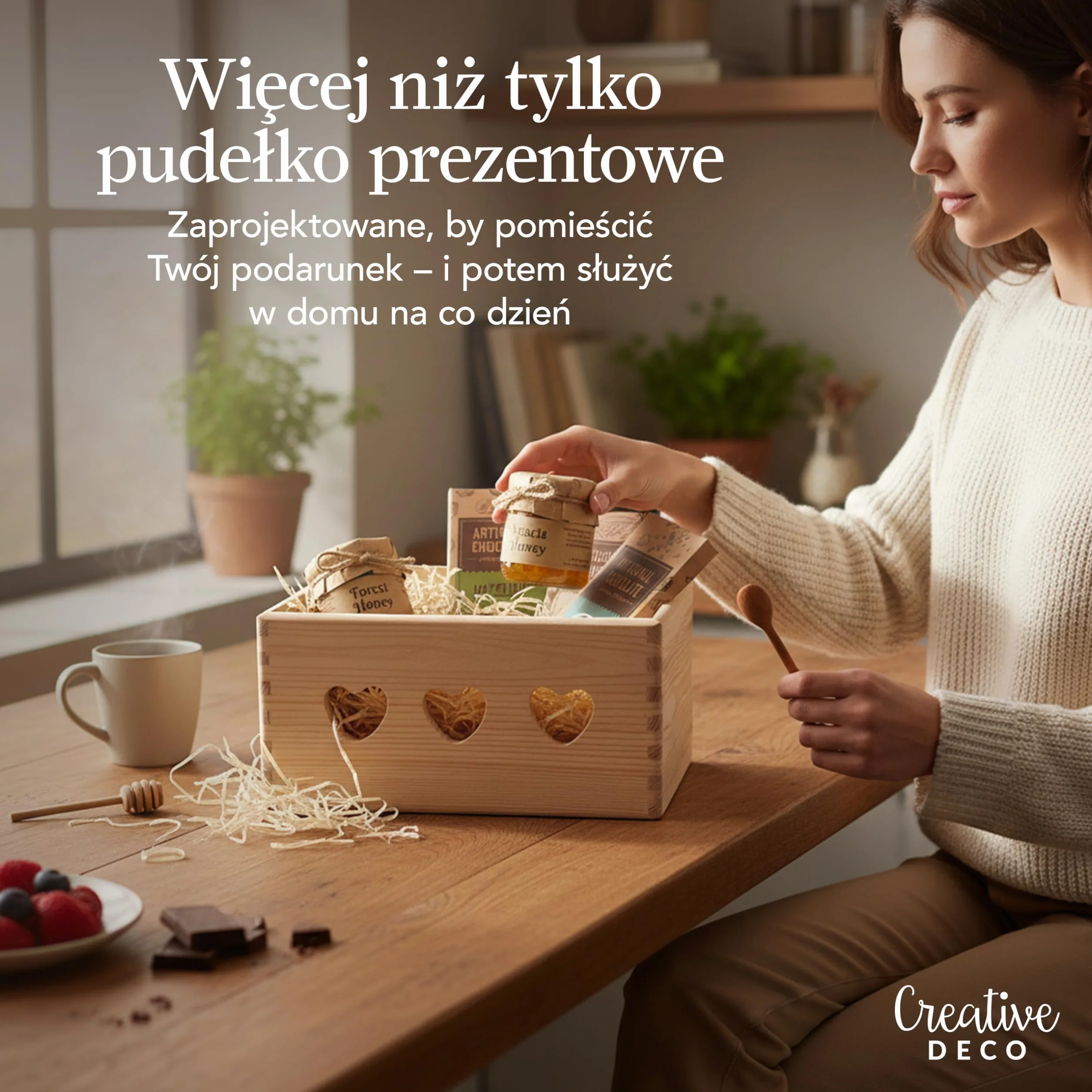 Creative Deco Drewniana Skrzynia do Przechowywania Niepomalowana | 30 x 20 x 13 cm (+/- 1 cm) | z Otworami w Kształcie Serca | Pudełko na Prezent, Wielkanoc, Zabawki, Kosz Upominkowy, do Dekoracji