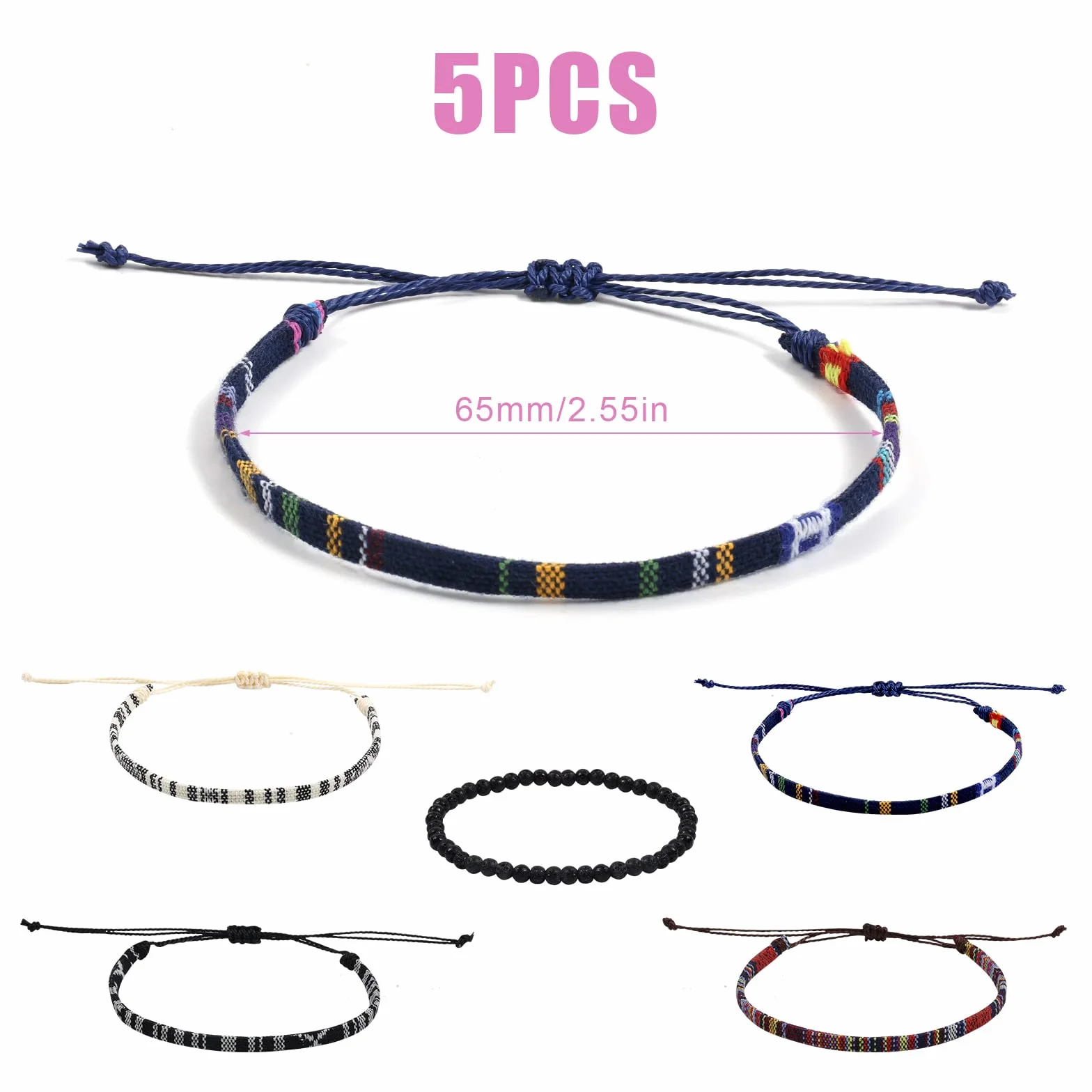 5 sztuk Bransoletka Surfer Beach, 15-30cm Regulowana Pleciona Bransoletki Boho Bransoletka ze Sznurka Surfer Hipisowski Recznie Pleciona Bransoletka dla Kobiet Mezczyzn Bransoletka na Kostke