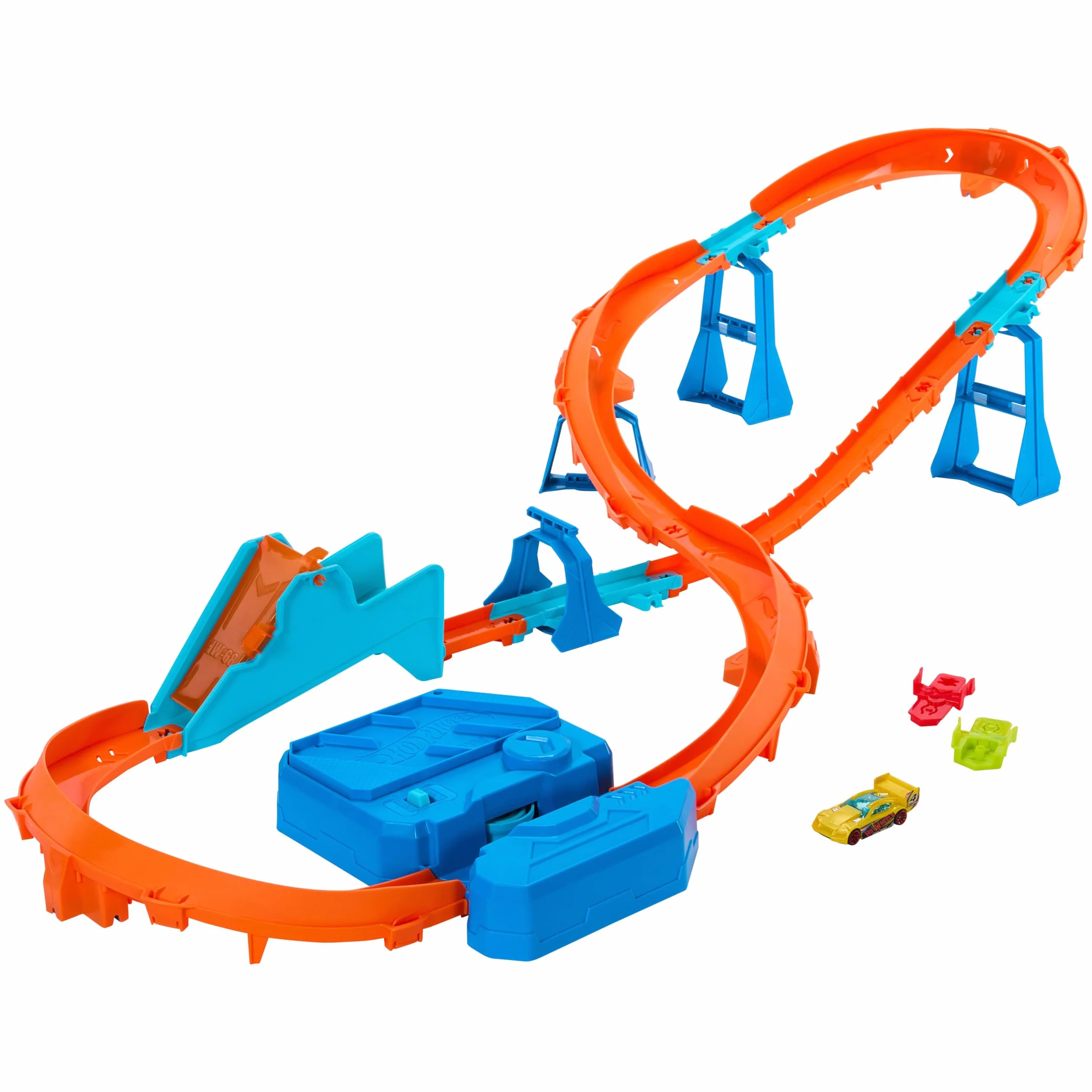 Hot Wheels Track Creator Tor wyścigowy Super skok Zestaw deluxe z przyspieszaczem z napędem + samochód do zabawy w skali 1:64; tor Speed Snap Szybki klik, zabawka dla dzieci 5+, JDB49