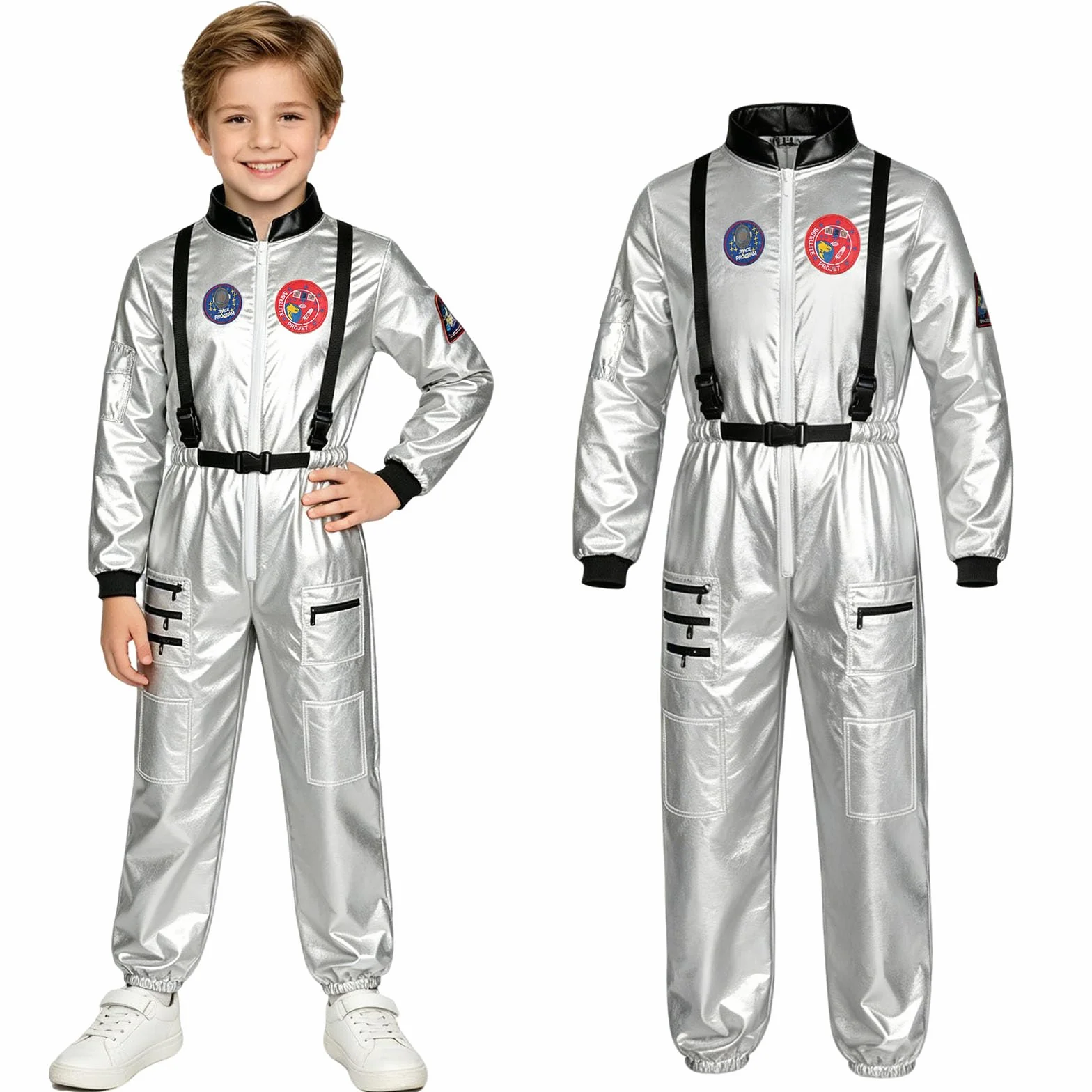 AUYAO Kostium dla dzieci unisex astronauta, dziecięcy srebrny kostium astronauta, kostium kosmiczny dla chłopców i dziewcząt na karnawał Halloween Boże Narodzenie Cosplay (3-12 lat)