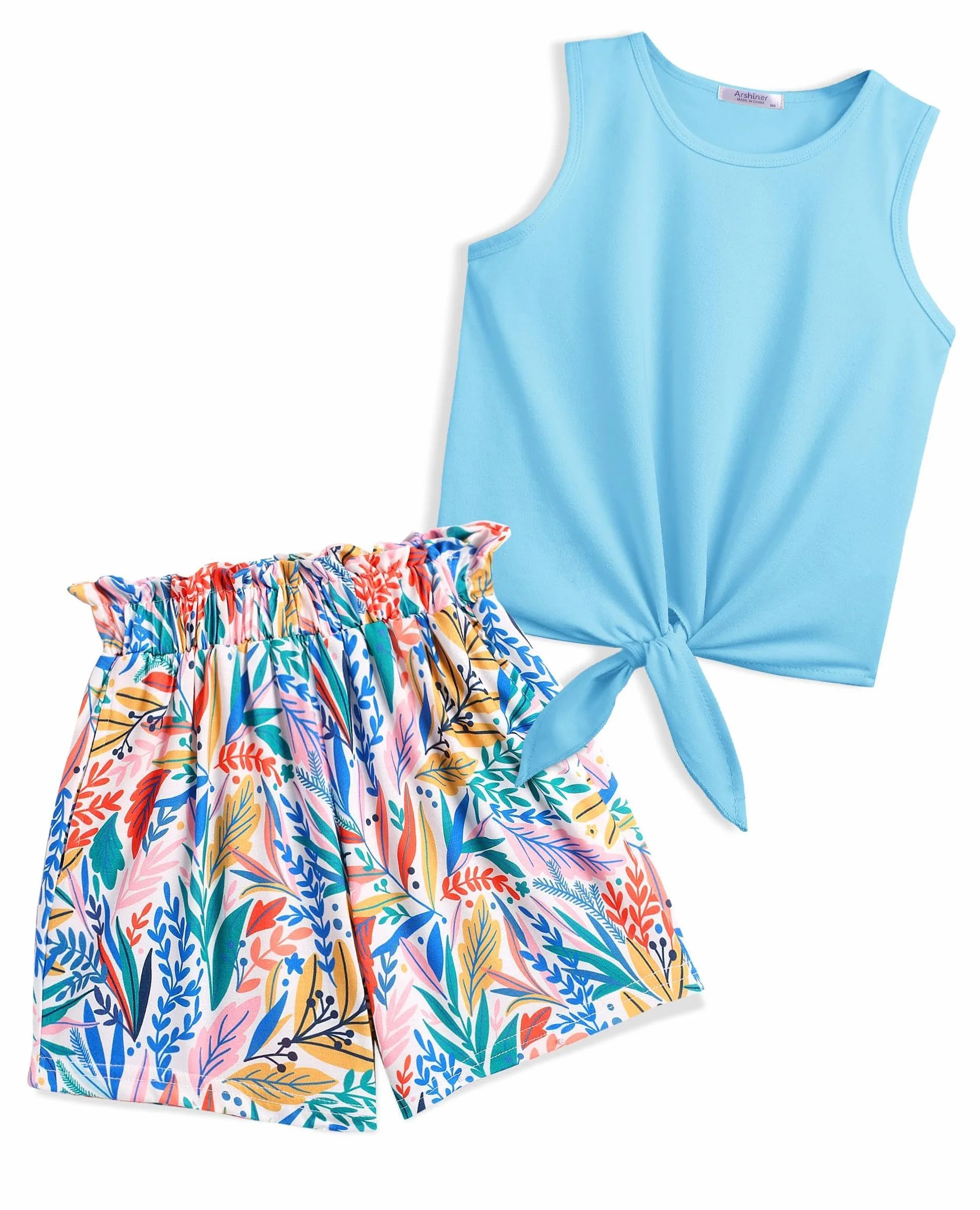 Arshiner Dziewczęce tank topy z szortami, zestaw odzieży dziecięcej na lato, moda casualowa, bez rękawów, zestawy ubrań dla dziewczynek