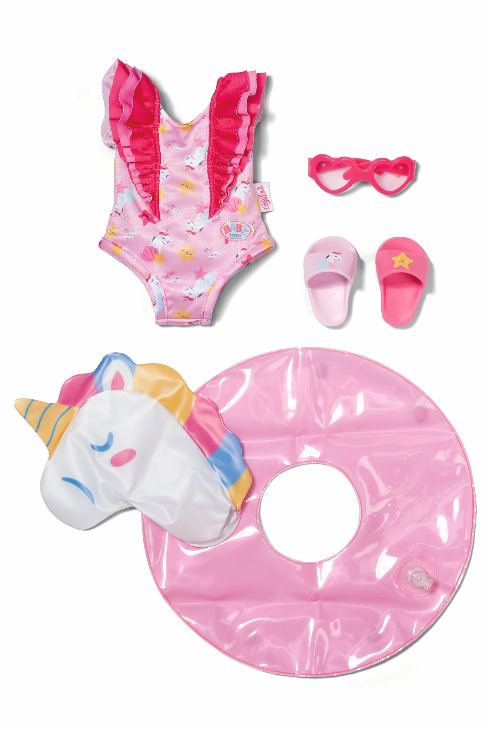 BABY born Zestaw do pływania z jednorożcem, akcesoria z kółkami do pływania, kostium kąpielowy i okulary przeciwsłoneczne dla lalek 43 cm, 839447 Zapf Creation