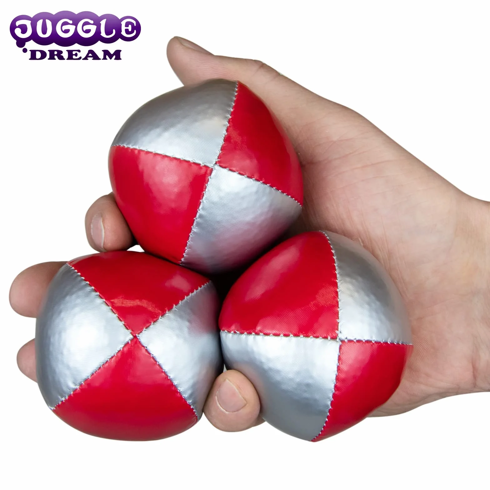Juggle Dream 3x piłki do żonglowania — zestaw 3 profesjonalnych piłek do żonglerki z bezpłatnym filmem online, idealny dla początkujących i ekspertów (Srebrny/Czerwony)