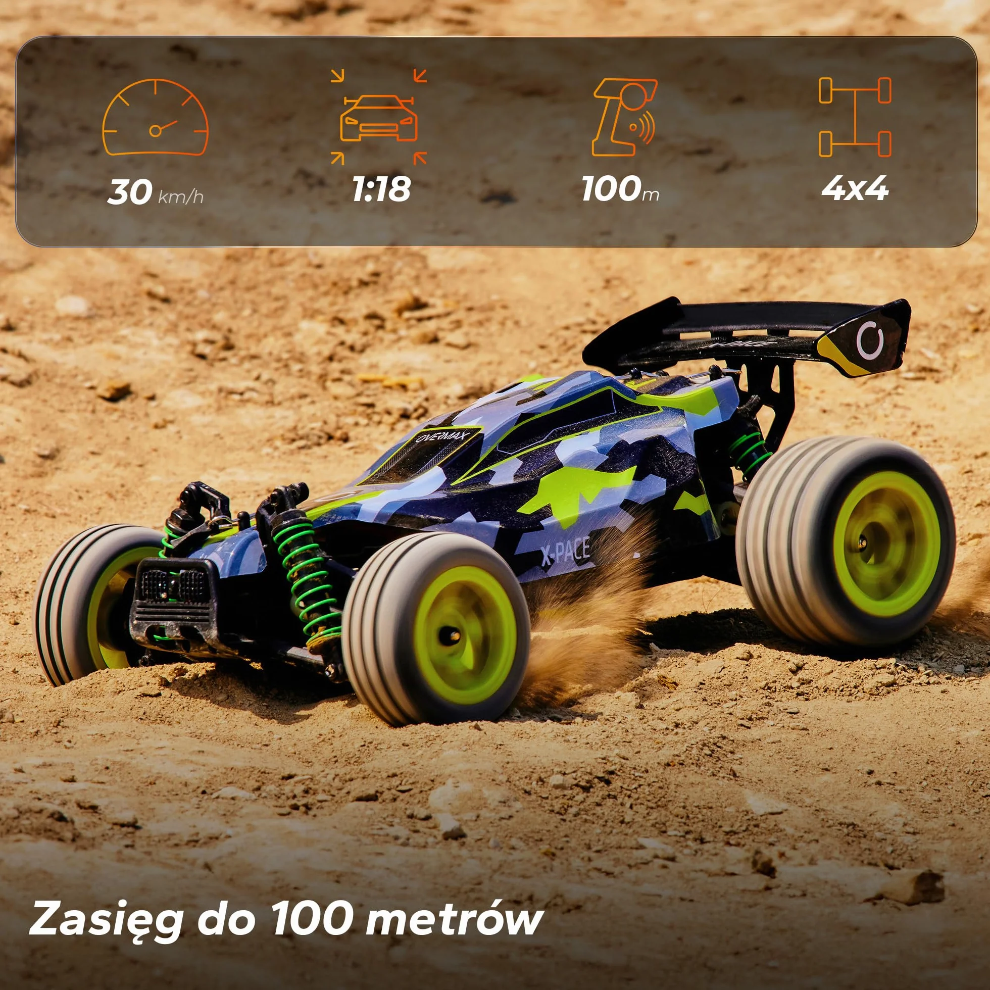 Samochód Zdalnie Sterowany OVERMAX X-Pace 4x4, Skala 1:18, Prędkość 45km/h, Zasięg 100m, Bateria Li-ion 850mAh, LED, Niezależne Zawieszenie, Wyczynowe Opony