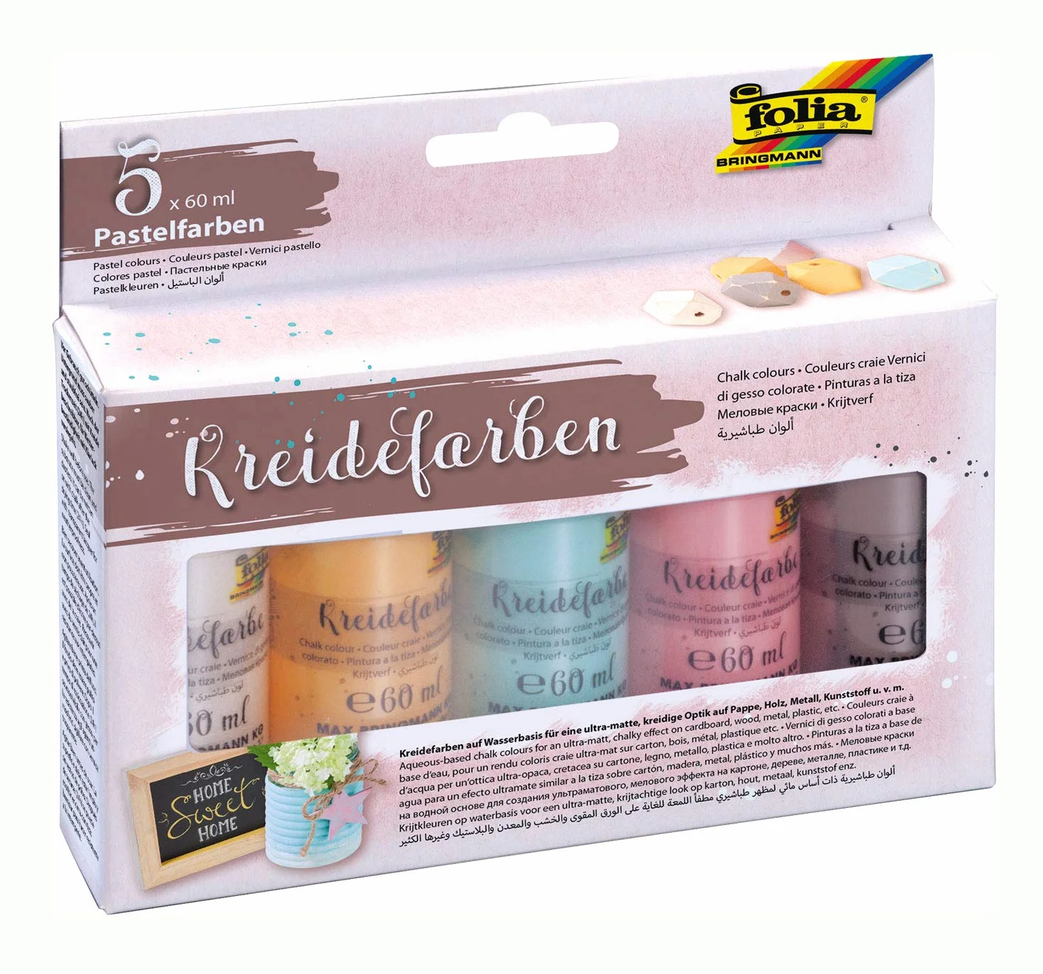 folia 35019 – farby kredowe na bazie wody, 5 x 60 ml, beżowy, morelowy, jasnoniebieski, różowy i pastelowy brąz, ultra-matowe, kredowe do tektury, drewna, metalu, tworzywa sztucznego