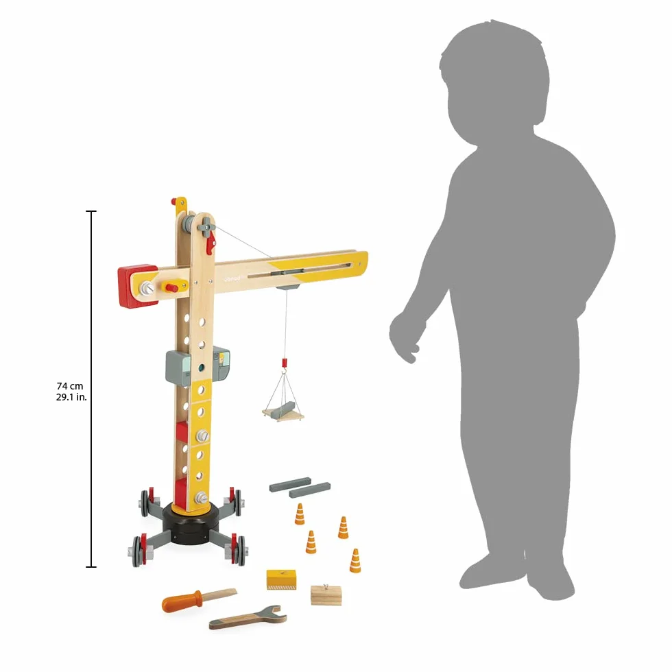 Janod - Duży drewniany żuraw 74 cm - zabawka imitująca - zestaw konstrukcyjny - obrót o 360° i ruchoma - 12 akcesoriów w zestawie - certyfikat FSC - Od 3 lat, J06468