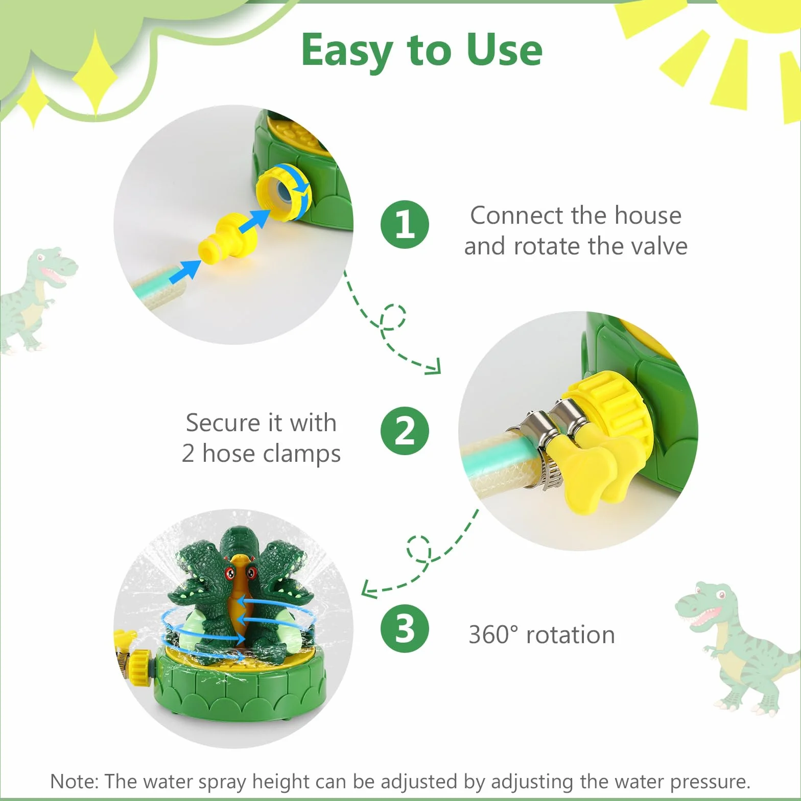 MoKo Dinosaur Sprinkler for Kids-Cute Outdoor Water Toy Spray Swimming Pool Toy with 2 Hose Clamps 3 Nozzles Fun Summer Play Water Toys for Backyard Lawn Garden Game Activities Pet Boys Girls, Green