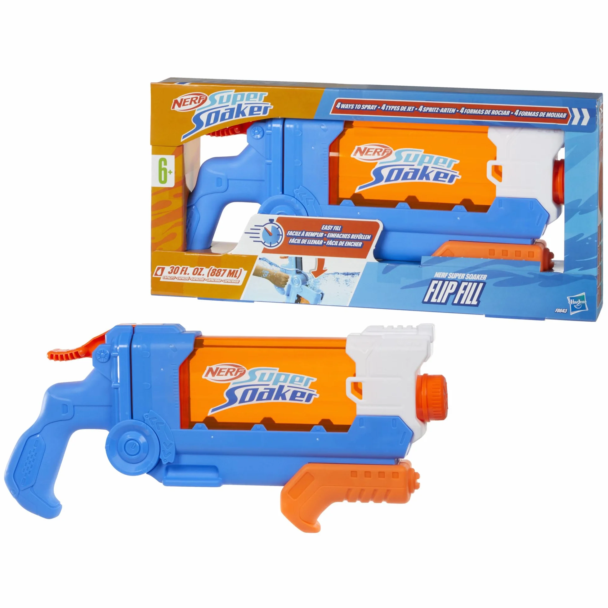 NERF Wyrzutnia wodna Nerf Super Soaker Flip Fill, 4 style polewania, szybkie napełnianie, zbiornik o pojemności 887 ml, wodne zabawki
