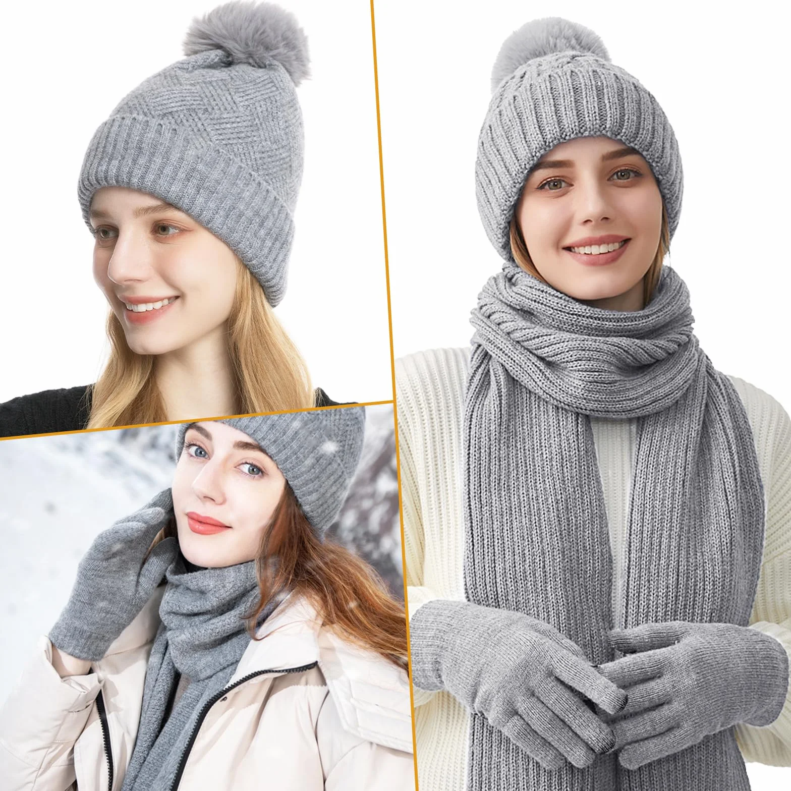 Damska czapka, szalik, zestaw zimowy, szalik, rękawiczki, zestaw dla kobiet, termiczna czapka zimowa, czapka z dzianiny, czapka beanie z pomponem, szale, rękawiczki zimowe z dzianiny