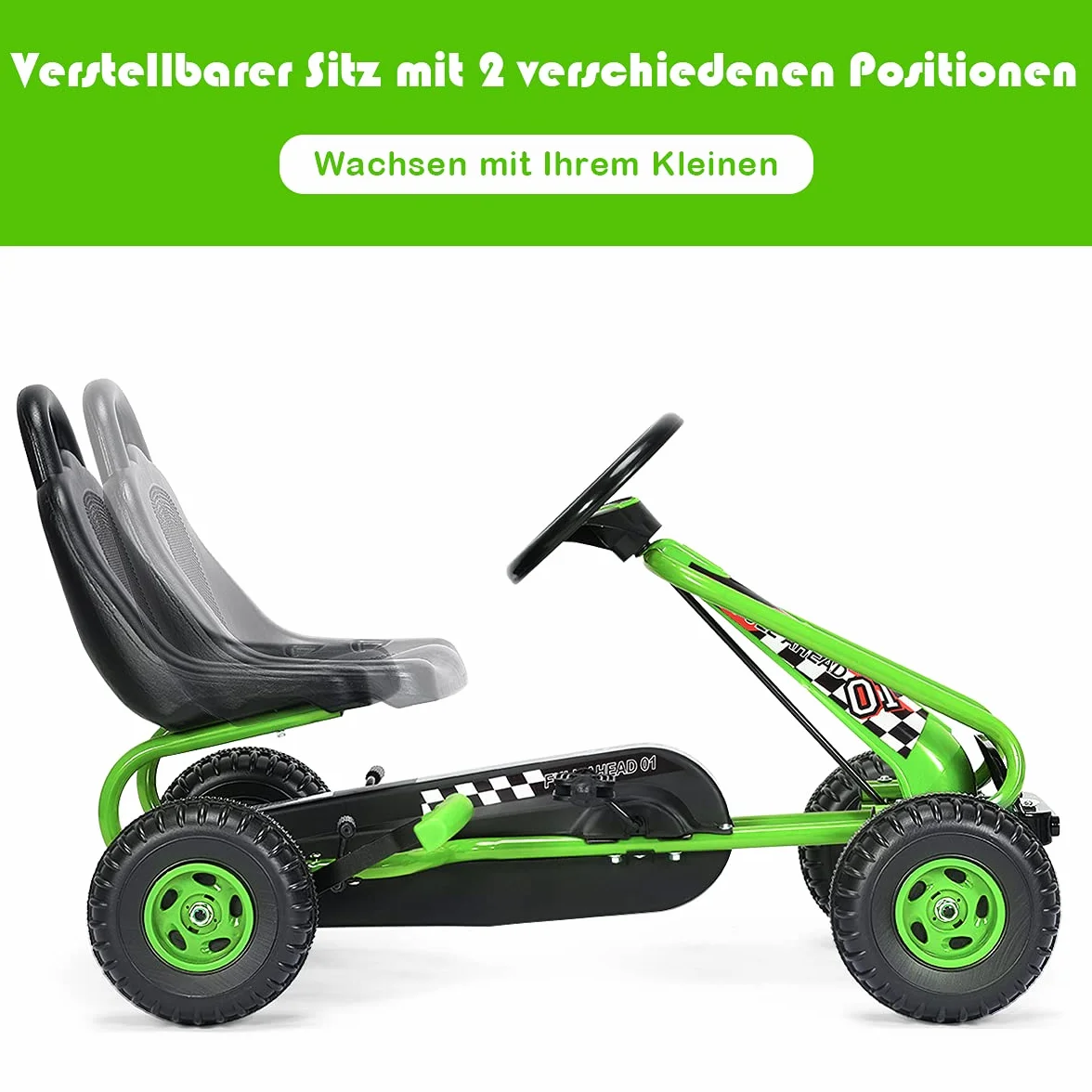 COSTWAY Gokart z regulowanym siedziskiem, gokart z hamulcem ręcznym, obciążenie do 30 kg, pedały Go Cart, pojazd pedałowy, pojazd dla dzieci od 3 lat (zielony)