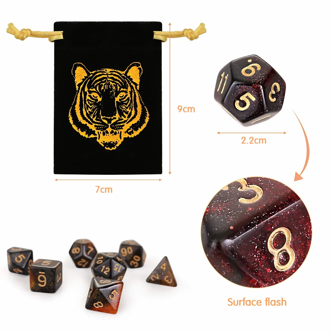 GWHOLE Zestaw kości DND, GWHOLE 6 × 7 (42 szt.) Brokatowe kości wielościenne z flanelowymi torbami Dungeons and Dragons Dice do DND RPG MTG Pathfinder gry stołowe, D4 D6 D8 D10 D12 D20