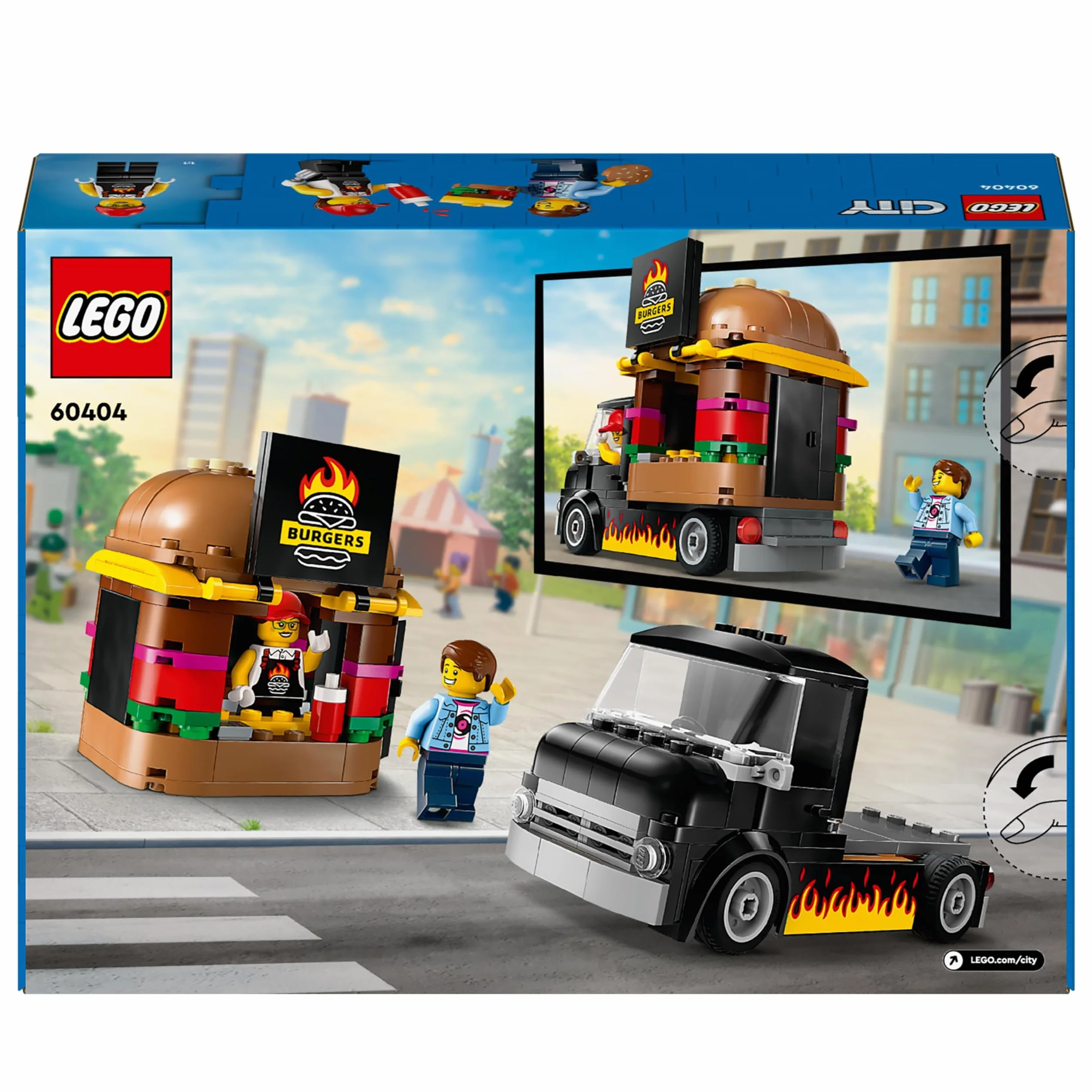 LEGO City Ciężarówka z burgerami, Ciężarówka-Zabawka do Zbudowania dla 5-latka, Zestaw Dla Fana Zabawek Kuchennych i Zabawy z Wyobraźnią, Prezent dla Dziewczynki i Chłopca od 5 lat, 60404