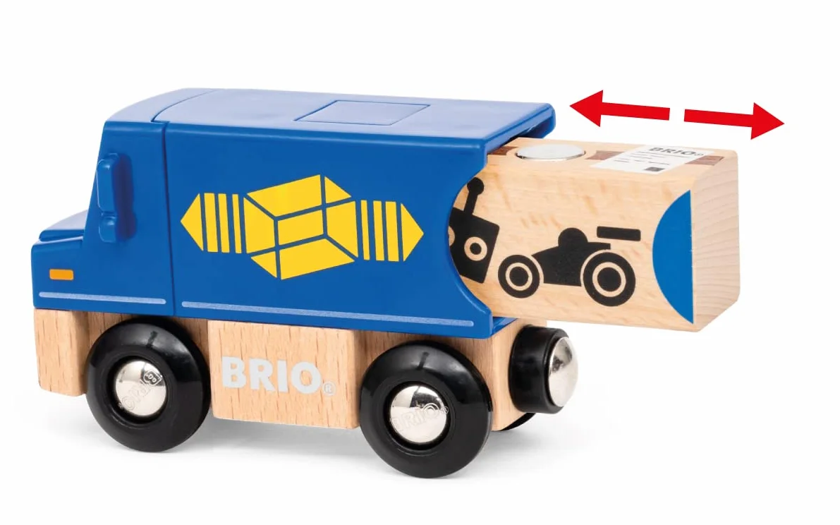BRIO World 36020 Zustell-Fahrzeug - Blauer Liefer-LKW mit zwei magnetischen Holzcontainern - Empfohlen für Kinder ab 3 Jahren und kompatibel mit den Schienen der BRIO World