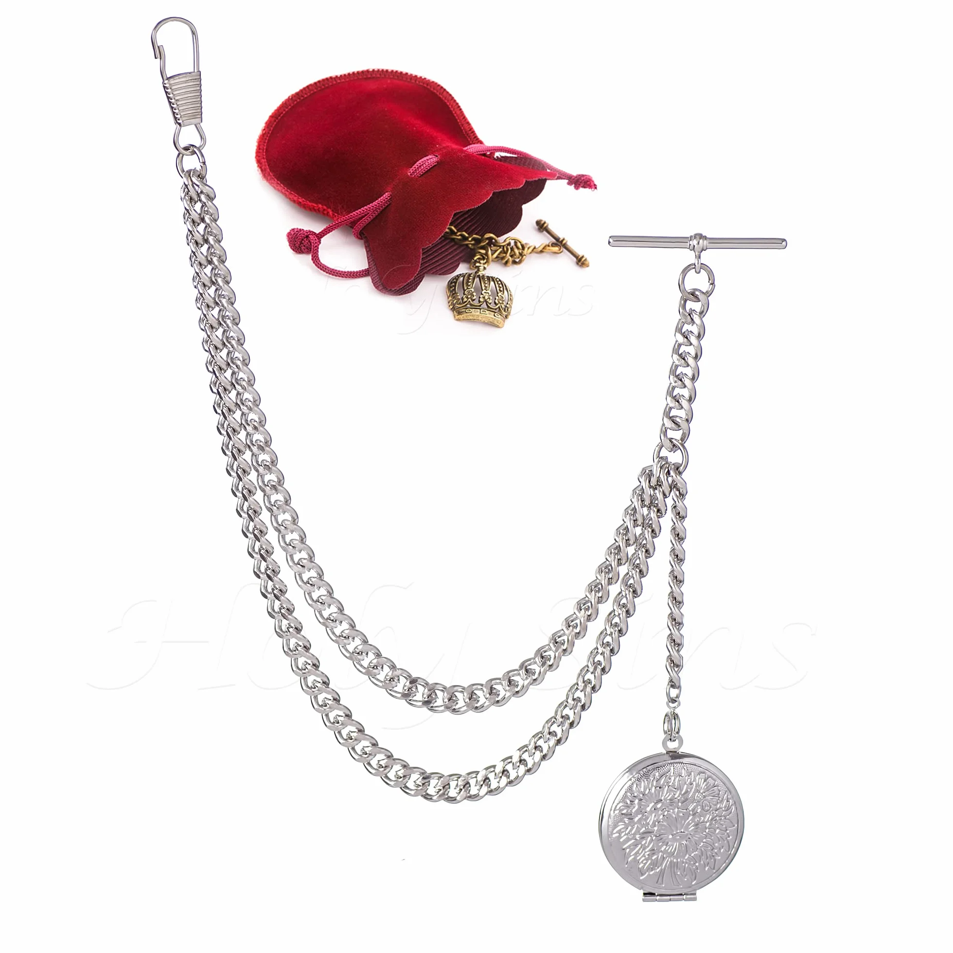 Albert Pocket Watch Chain Srebrny łańcuszek do zegarka kieszonkowego z medalionem na zdjęcie – klasyczny łańcuszek typu Albert z T-bar do kamizelki