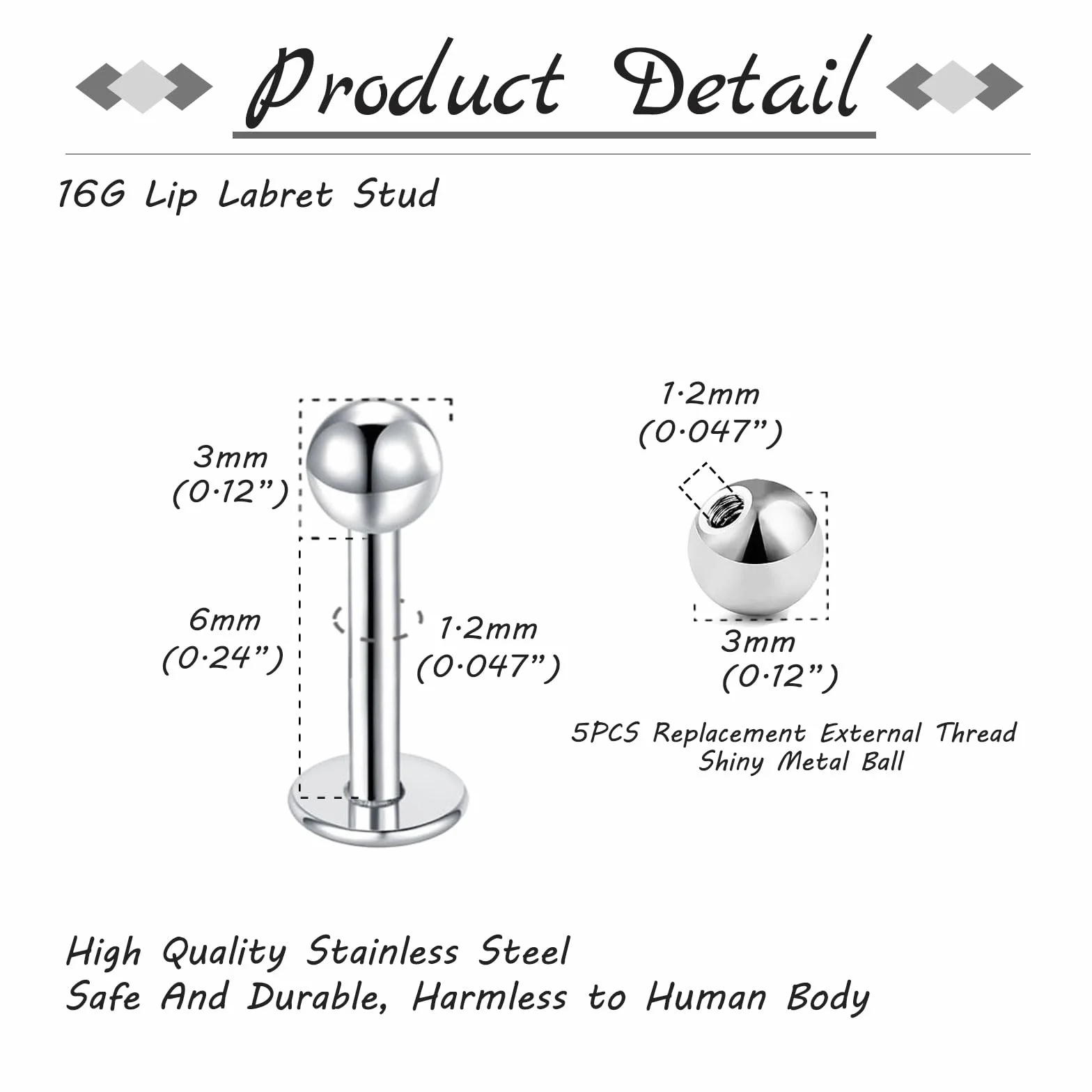 12 kolczyków do warg, 1,2 mm, stal chirurgiczna, piercing wargi, labret, helix, tragus, srebrny, złoty, czarny, 6 mm, 8 mm, 10 mm, 12 mm