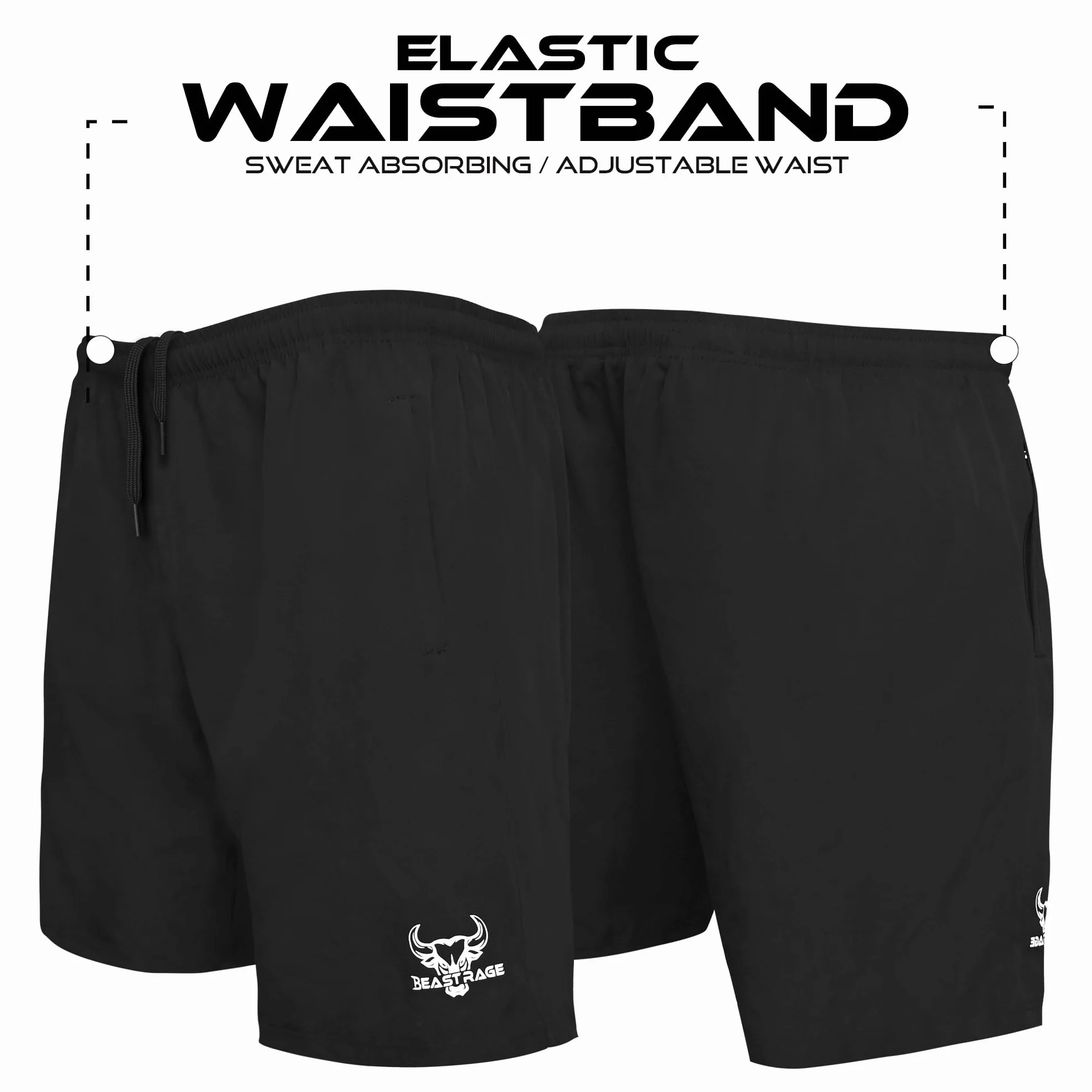 BEAST RAGE Męskie spodenki do biegania z kieszeniami na zamek błyskawiczny – lekkie spodenki treningowe na siłownię dla mężczyzn, szybkoschnące spodenki treningowe do fitnessu z bocznymi kieszeniami