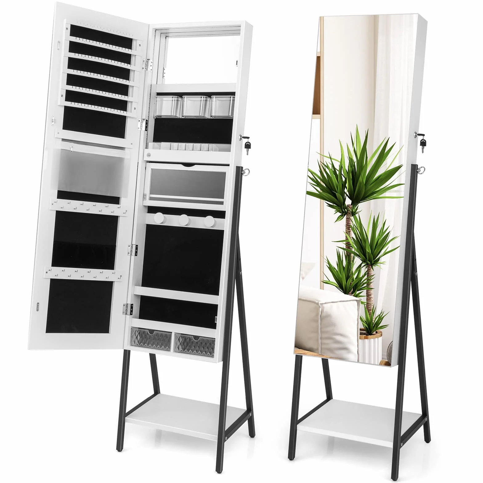 GOPLUS Szafka na biżuterię z lustrem, szafka z lustrem 2 w 1, z regulowanym oświetleniem LED, wolnostojące lusterko na biżuterię z półką, biała