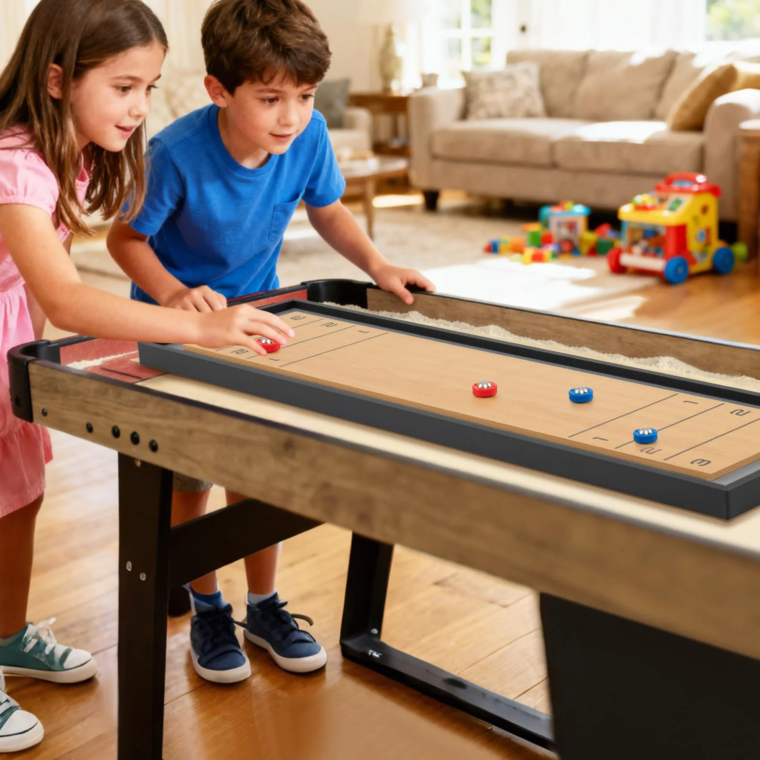 COSTWAY 2 w 1 Shuffleboard & Curling, 114 x 32 cm gra planszowa z 8 krążkami, przenośna deska stołowa, z drewna, gra w kręgle stołowe dla dzieci, dorosłych
