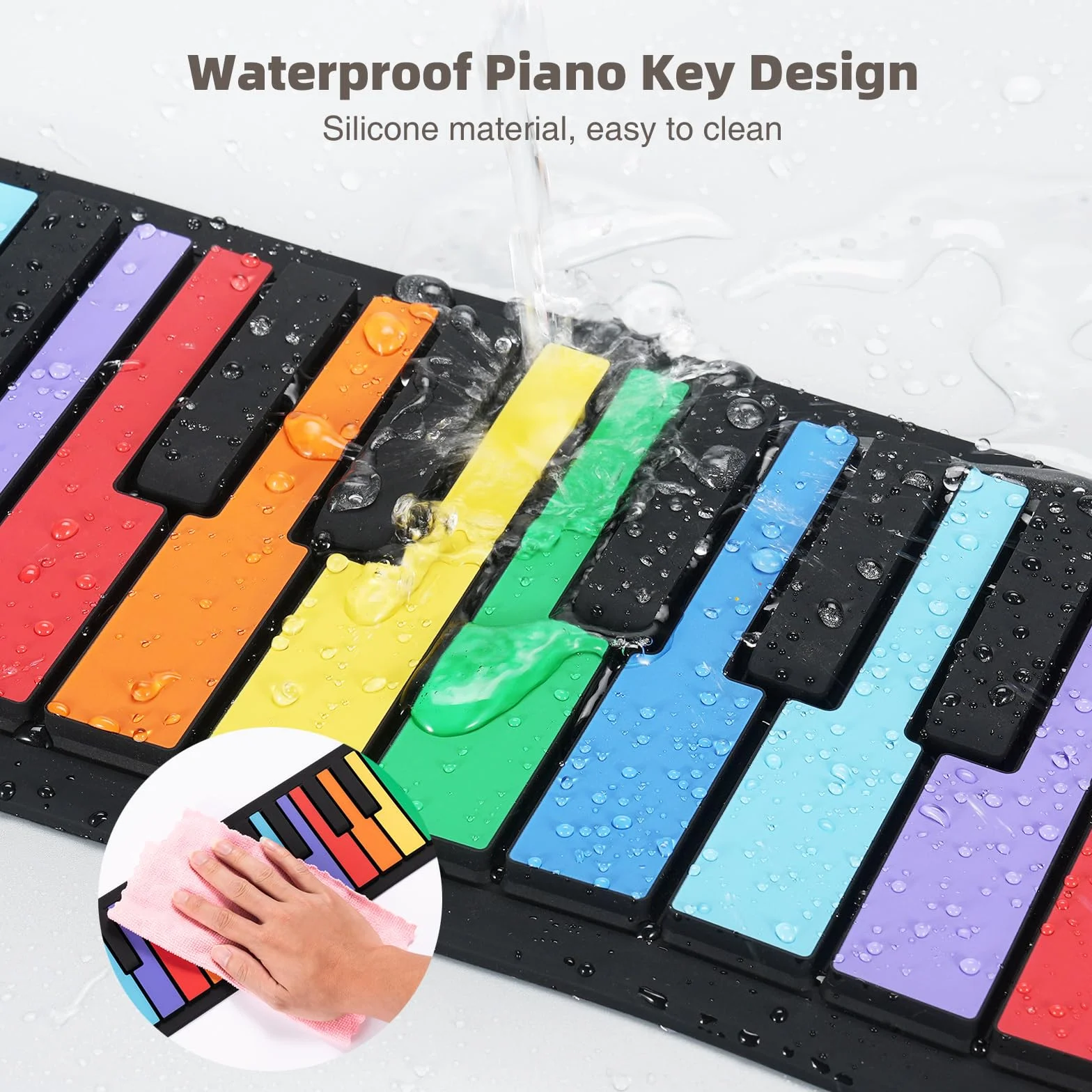 POGOLAB Składane pianino z 49 klawiszami, dla dzieci, początkujących, tęczowe elektroniczne keyboardy z 8 tonami, 6 demo, wielokrotnego ładowania, silikonowe, mini pianino z trybem nagrywania, M02293