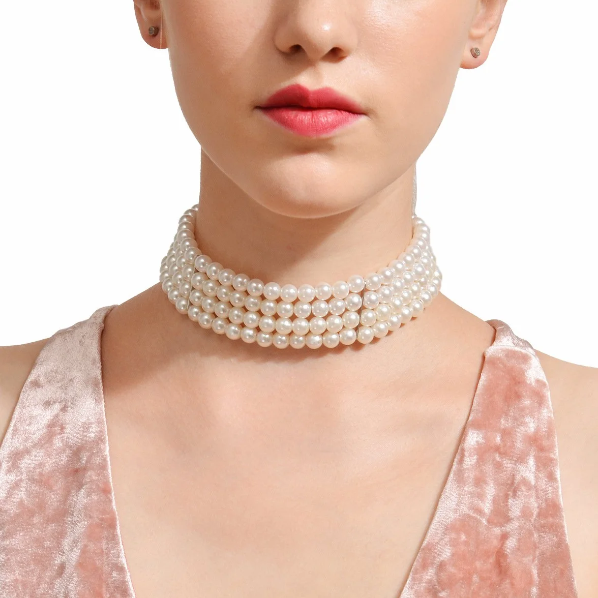 JKJF Naszyjnik z imitacji pereł, 4 rzędy koralików, choker, wielowarstwowy łańcuszek, elegancki, modny, krótki łańcuszek z pereł, retro, na karnawał, akcesoria dla kobiet i dziewcząt, Perła, Imitacja