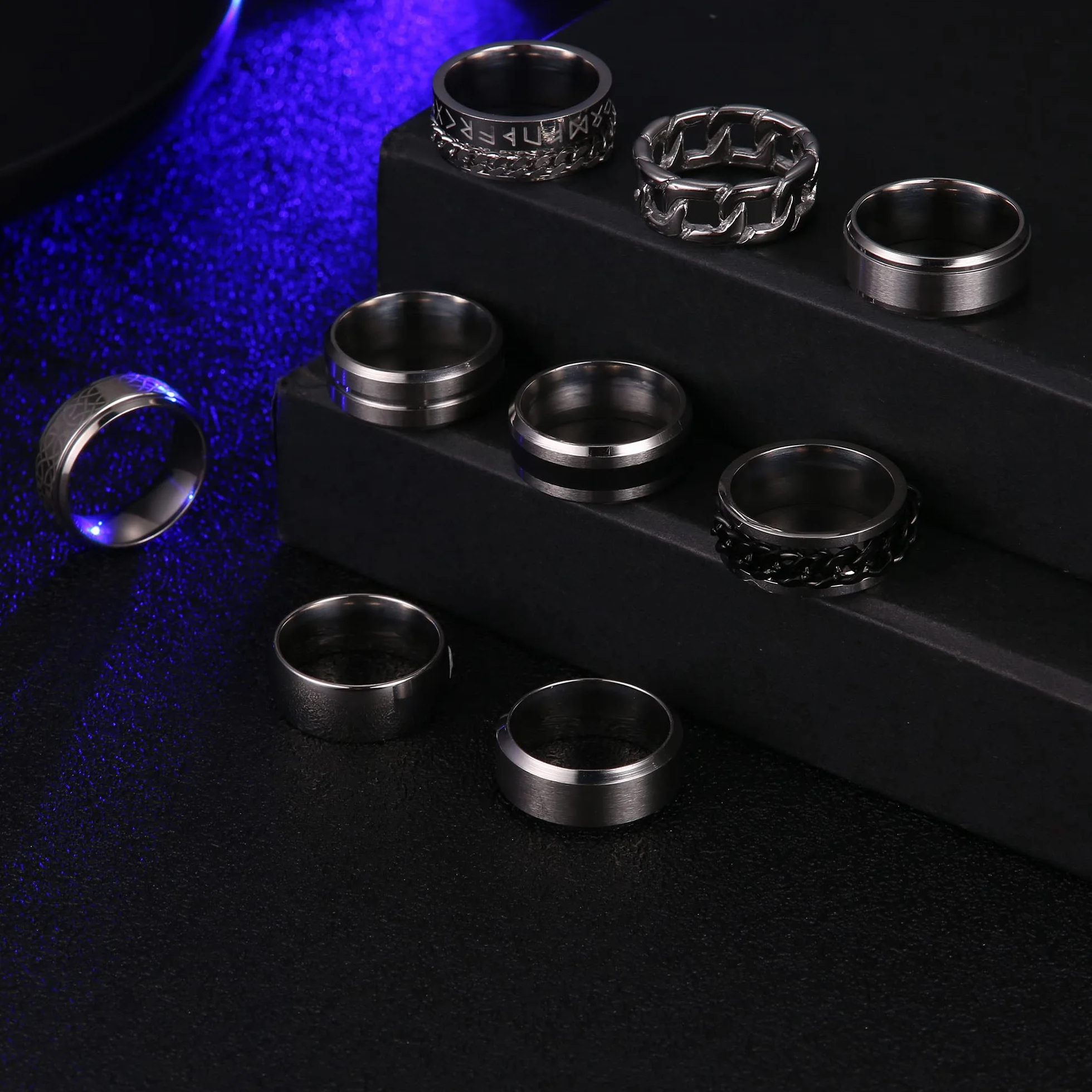 CASSIECA 12Pcs Pierścionki Męskie Srebrny Stal nierdzewna Zespół Otwieracz do butelek Pierścienie Przymierza Ślubne Pierścionek zaręczynowy Vintage Fidget Pierścień dla Mężczyzn Kobieta Urodziny