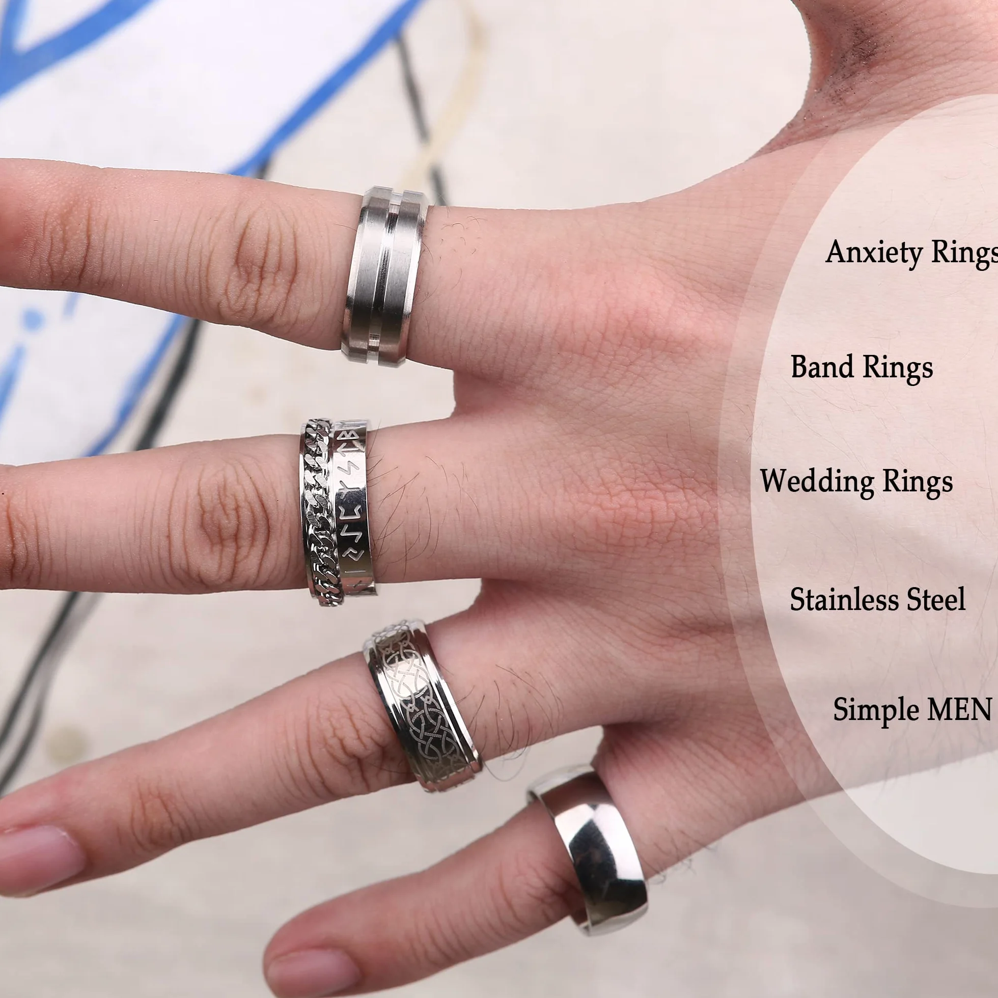 CASSIECA 12Pcs Pierścionki Męskie Srebrny Stal nierdzewna Zespół Otwieracz do butelek Pierścienie Przymierza Ślubne Pierścionek zaręczynowy Vintage Fidget Pierścień dla Mężczyzn Kobieta Urodziny