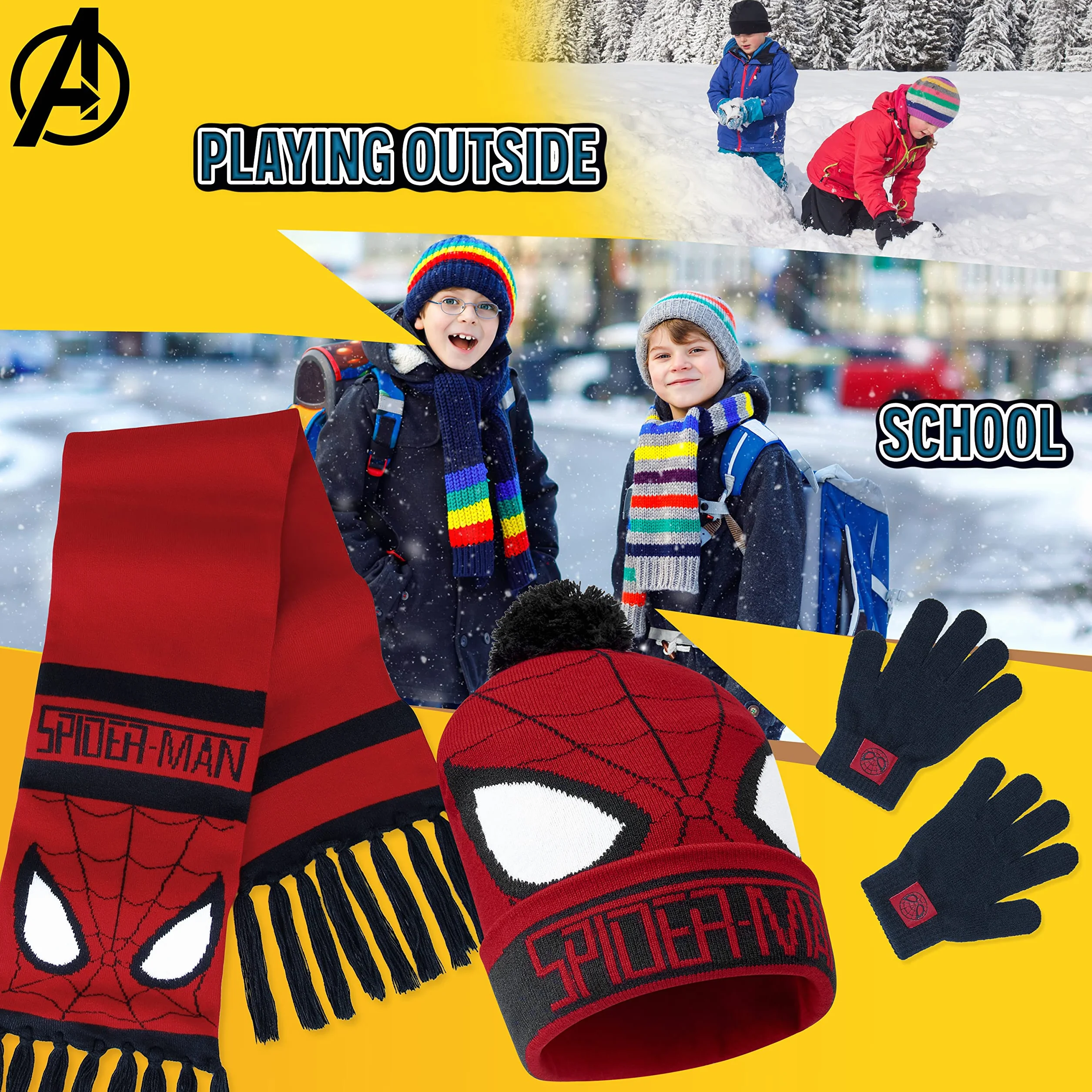 Marvel Beanie Zestaw Czapka, Szalik i Rękawiczki dla Dzieci- Avengers 2 lub 3 Częściowy Zestaw Zimowy - Prezenty Spiderman dla Chłopców