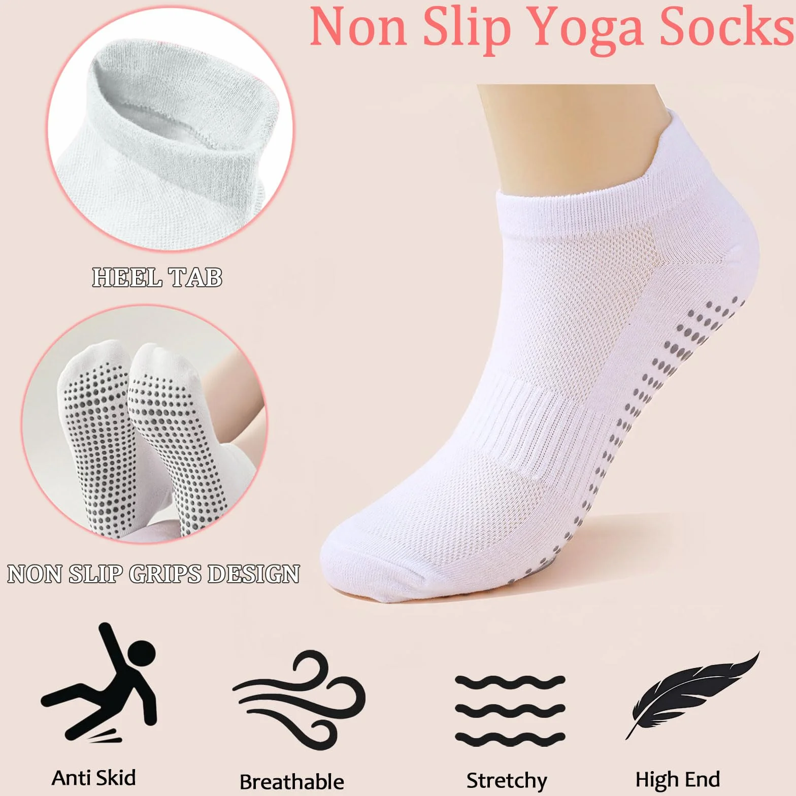 4 pary damskich skarpet do jogi, pilatesu, antypoślizgowe skarpety z wypustkami, oddychające i wygodne, skarpety stoperowe do jogi, pilatesu, tańca, treningu, trampoliny, rozmiar 36-40