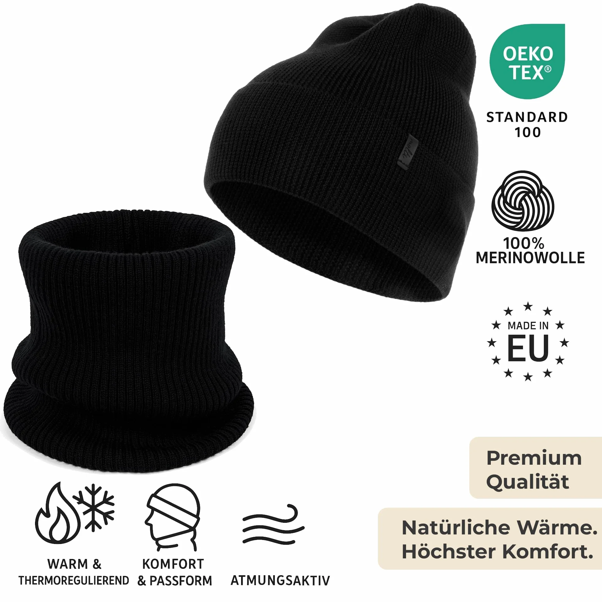 molti Damska czapka i szalik – 100% wełna merynosowa Beanie z szalikiem kominowym, ciepła i oddychająca, na jesień i zimę, rozmiary: 55 – 62 cm, wybór kolorów