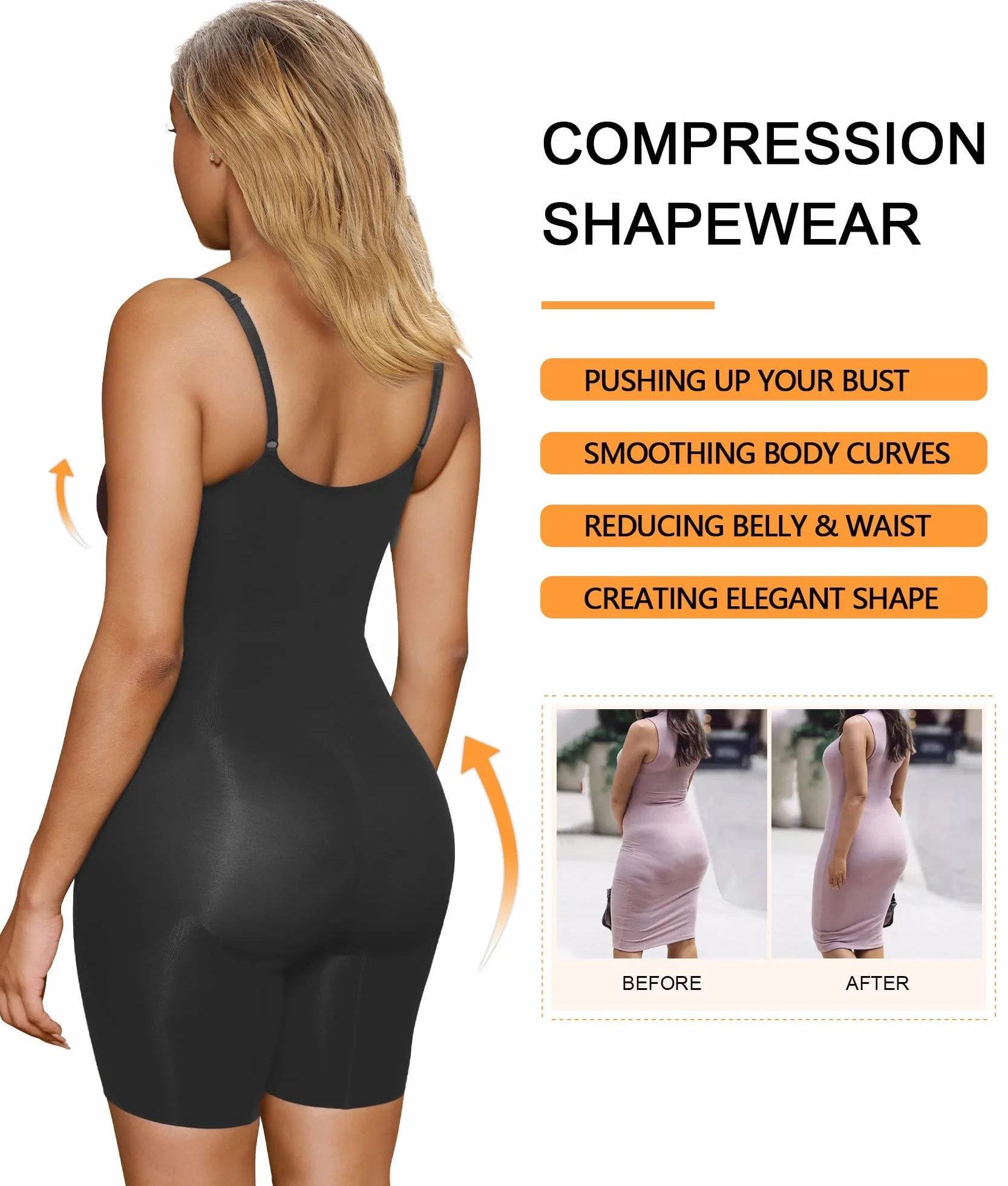 SHAPERX Bielizna modelująca dla kobiet, body wyszczuplające brzuch, podnoszące pośladki, szorty modelujące całe ciało, jednoczęściowe, Czarny, S-M
