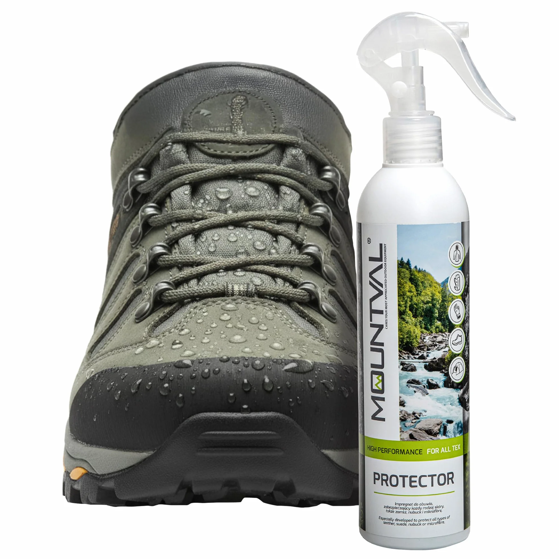 Mountval Środek impregnujący, protector, impregnowanie butów outdoorowych z tkaniny tekstylnej, nubuku, dzikiej i tradycyjnej skóry, odpowiedni do Gore-Tex, Przezroczysty i neutralny, 300.00 ml