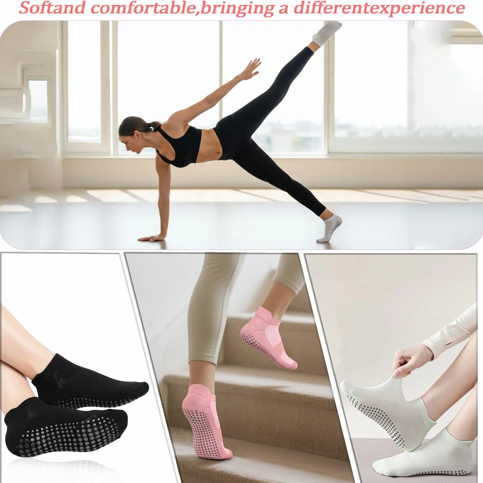 4 pary damskich skarpet do jogi, pilatesu, antypoślizgowe skarpety z wypustkami, oddychające i wygodne, skarpety stoperowe do jogi, pilatesu, tańca, treningu, trampoliny, rozmiar 36-40