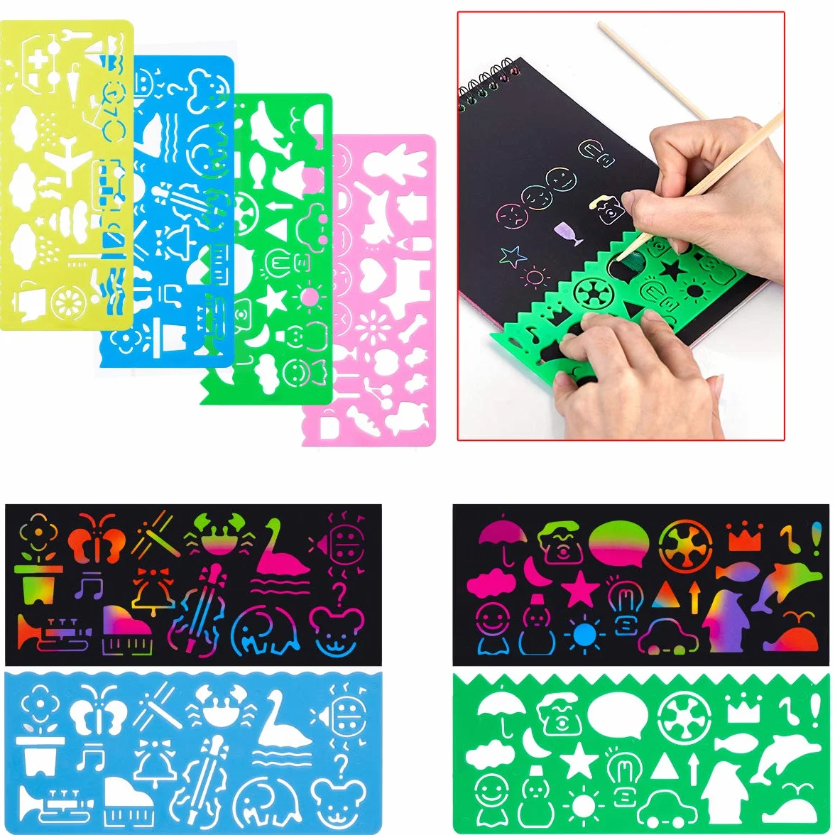 MELLIEX Scratch Art Notes for Bambini, Set di 3 Blocco da Disegno Arcobaleno Scratch Paper Con 6 Penne Stilografiche in Legno e 4 Righelli Da Disegno dla Disegni, Giochi e Scrittura