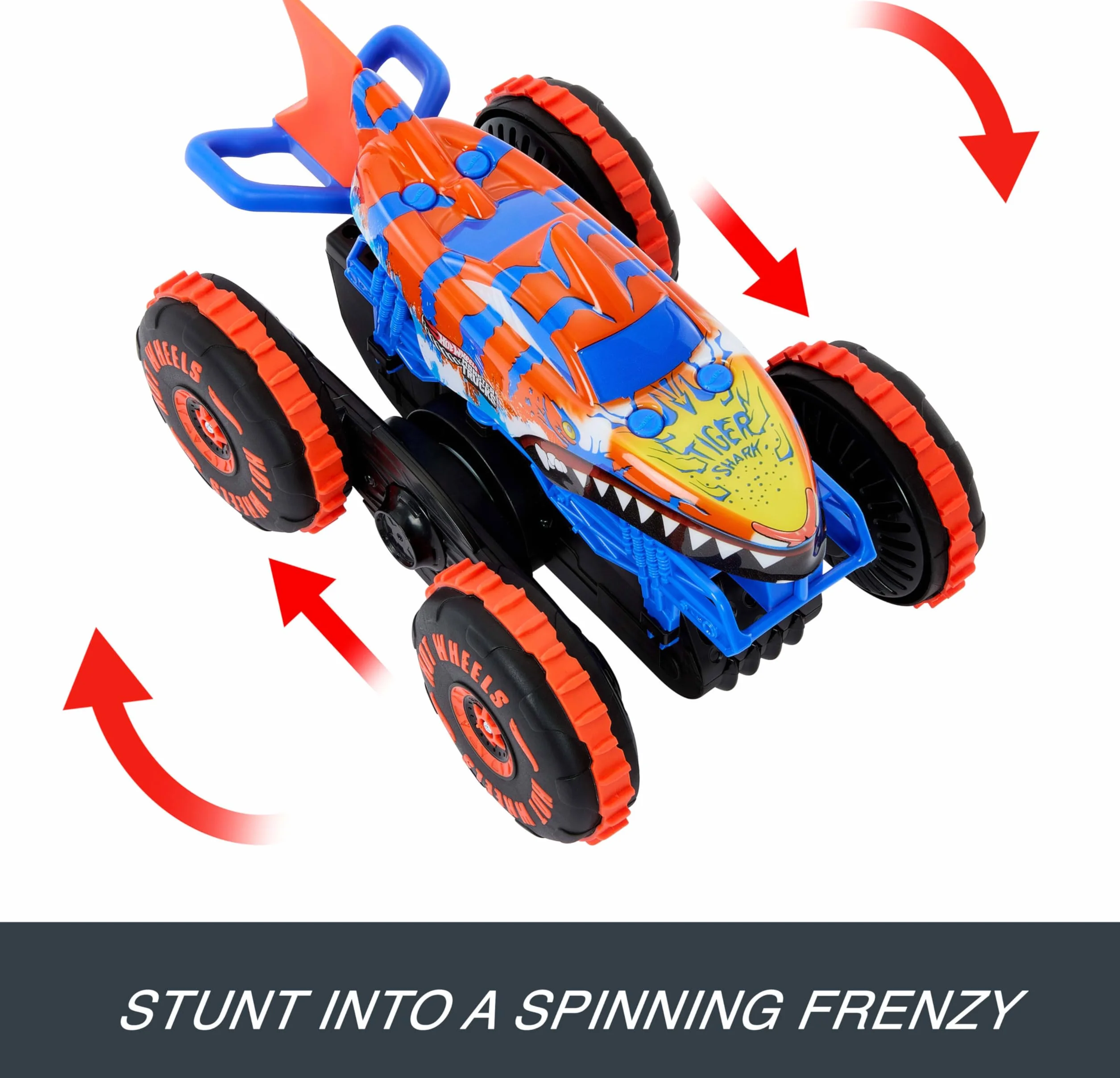Hot Wheels Monster Trucks RC Tiger Shark Wspinacz Duży pojazd zdalnie sterowany z 3 trybami zabawy do wyścigów, wspinaczki i popisów kaskaderskich, zabawka rajdowa dla dzieci, JFR39