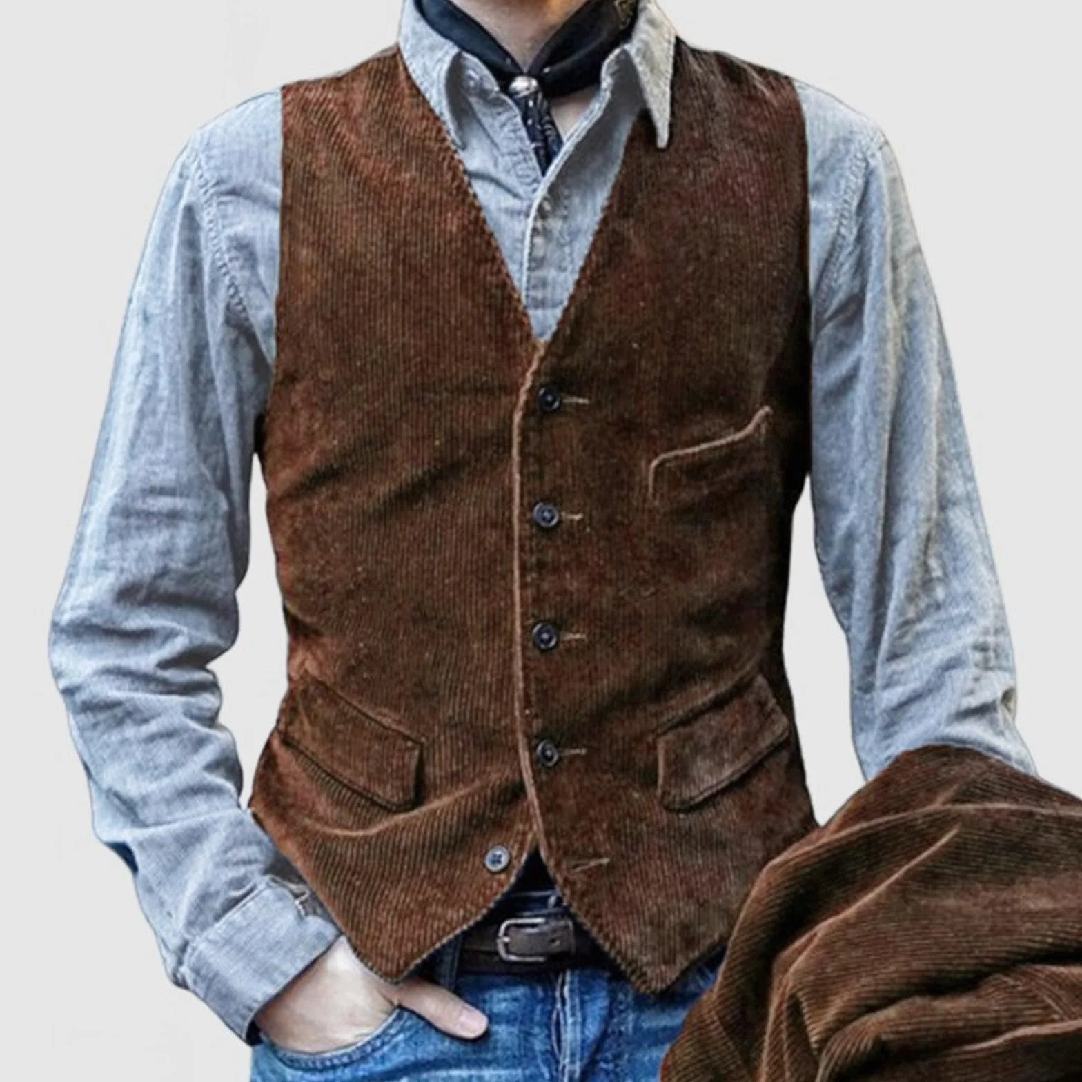 Męska kamizelka sztruksowa w stylu retro, na co dzień, slim fit, jednorzędowa kamizelka z dekoltem w serek, retro i na co dzień