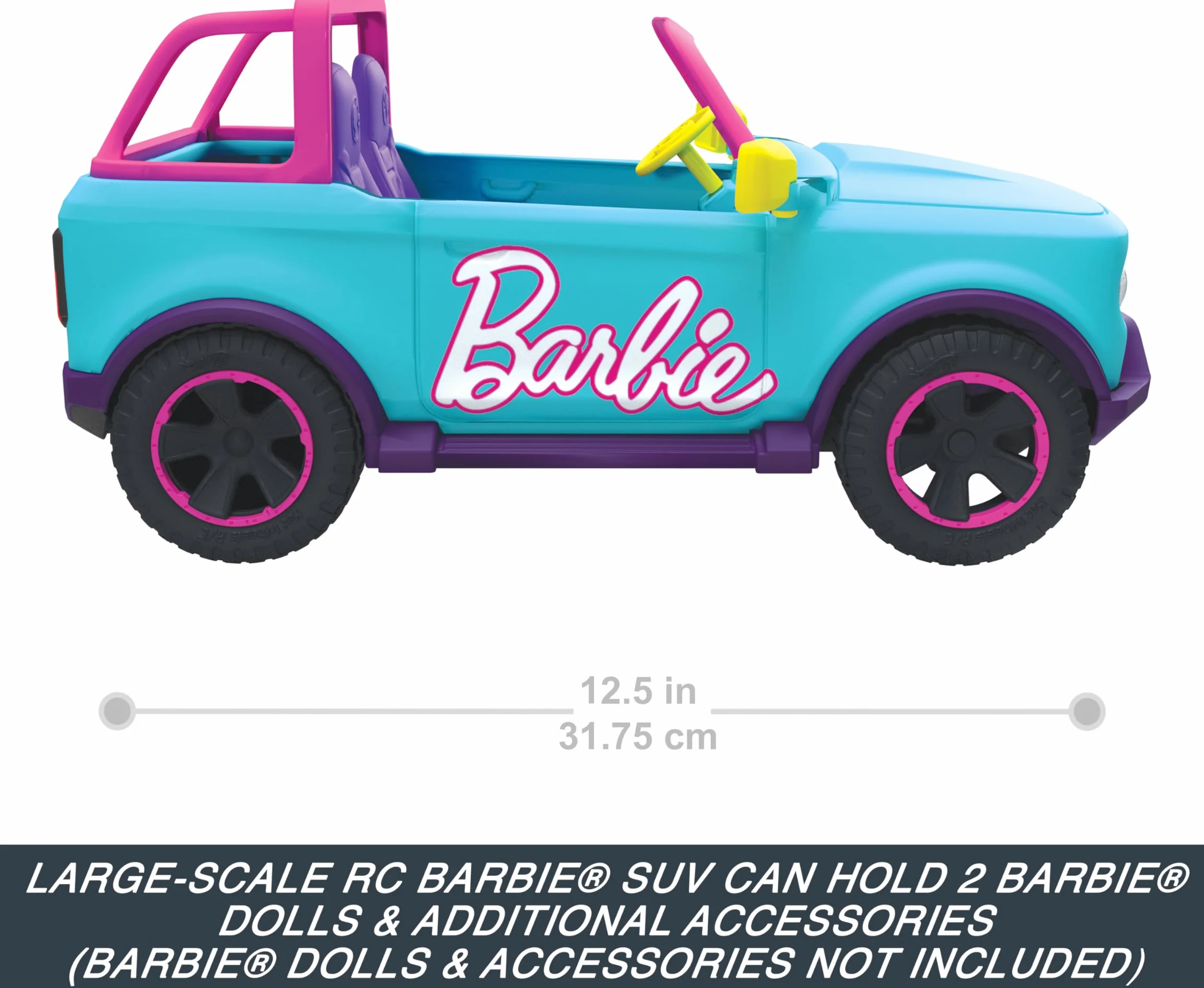 Hot Wheels RC Barbie SUV Pojazd zdalnie sterowany w skali 1:12 z miejscem na 2 lalki Barbie i naklejkami do personalizacji, HTP53