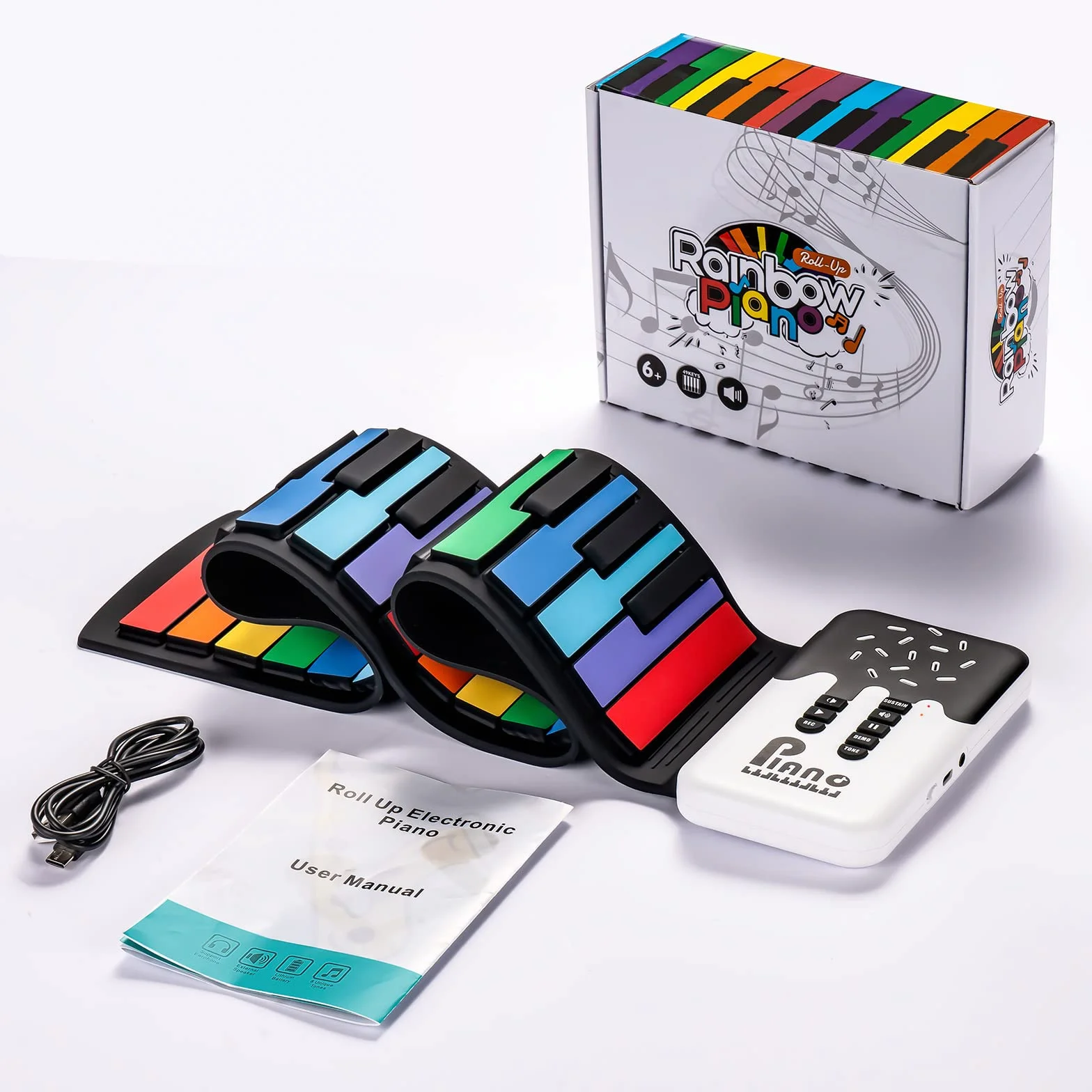 POGOLAB Składane pianino z 49 klawiszami, dla dzieci, początkujących, tęczowe elektroniczne keyboardy z 8 tonami, 6 demo, wielokrotnego ładowania, silikonowe, mini pianino z trybem nagrywania, M02293