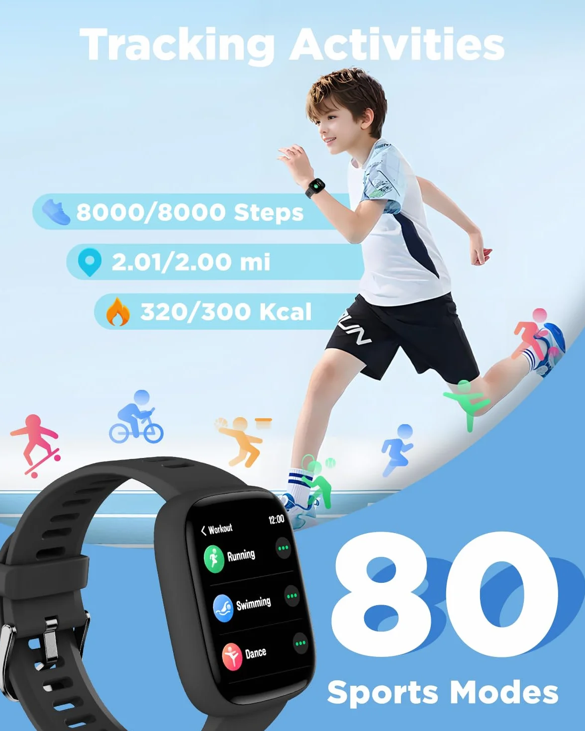 BIGGERFIVE Inteligentny zegarek dla dzieci, zegarek fitness 4,6 cm, krokomierz, tętno, wodoodporność IP68, monitor snu, licznik kroków kalorii, 5 gier logicznych z/bez aplikacji dla dziewcząt