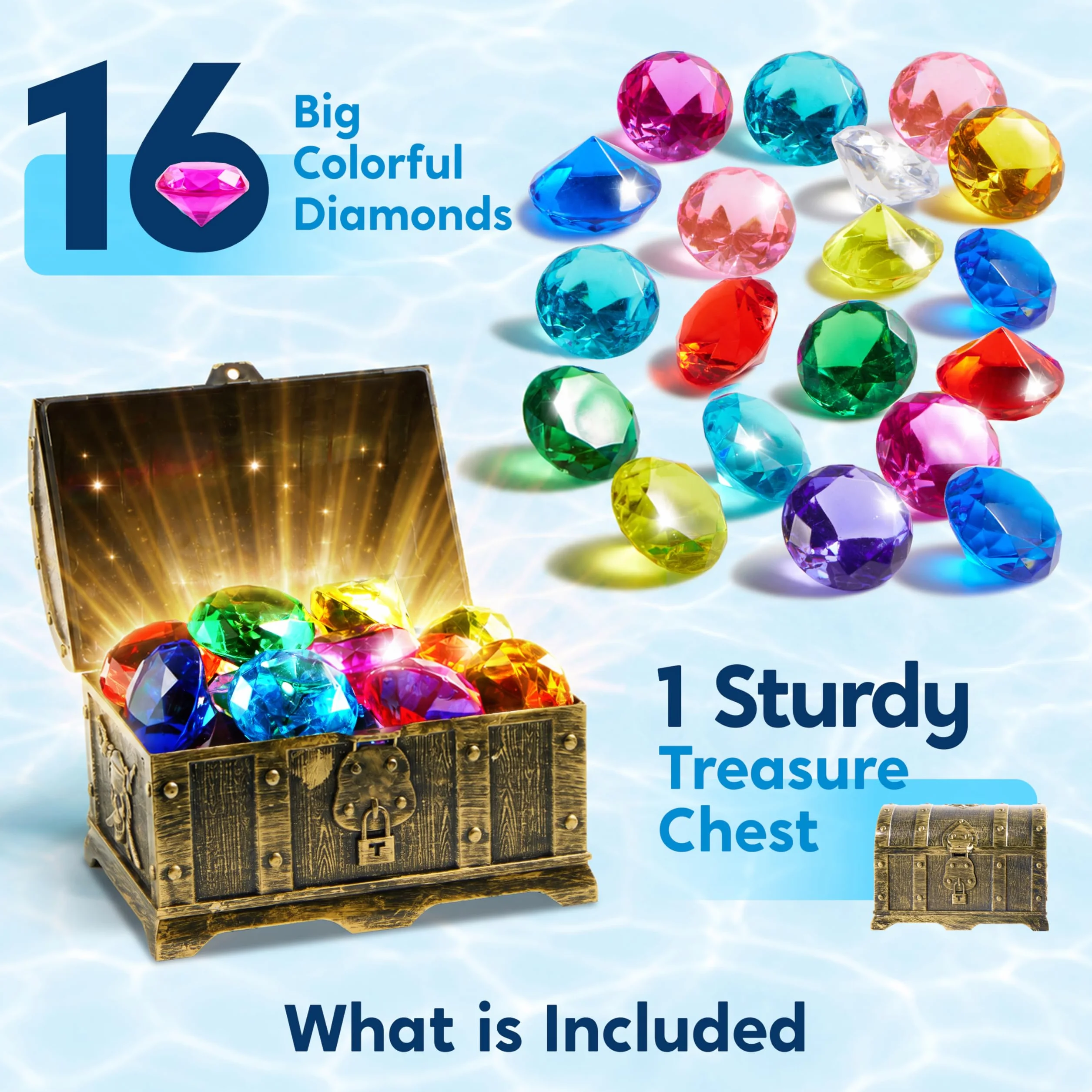 Sloosh Juguetes de piscina Diving Gems, 16 dużych kolorów diamentów Con cofre Del tesoro Pirata, juguete de buceo Para niños Con gemas submarinas, Regalo de entrenamiento de natación.