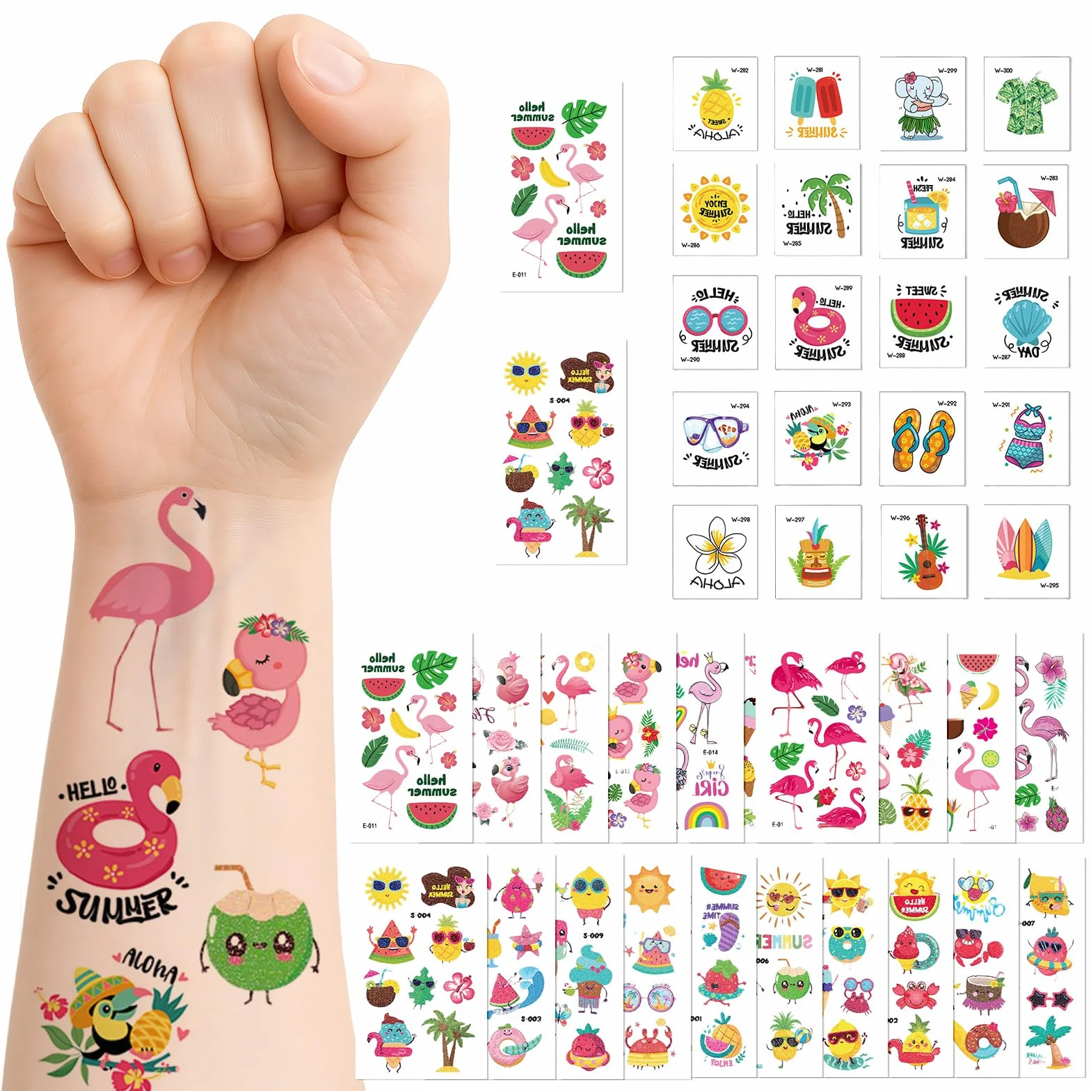 40 arkuszy tatuaży dla dzieci, flamingi, tymczasowe tatuaże Hawaii Luau, przyjazne dla skóry, wodoodporne, tymczasowe tatuaże, naklejki na lato, na urodziny dziecka, prezent dla gości