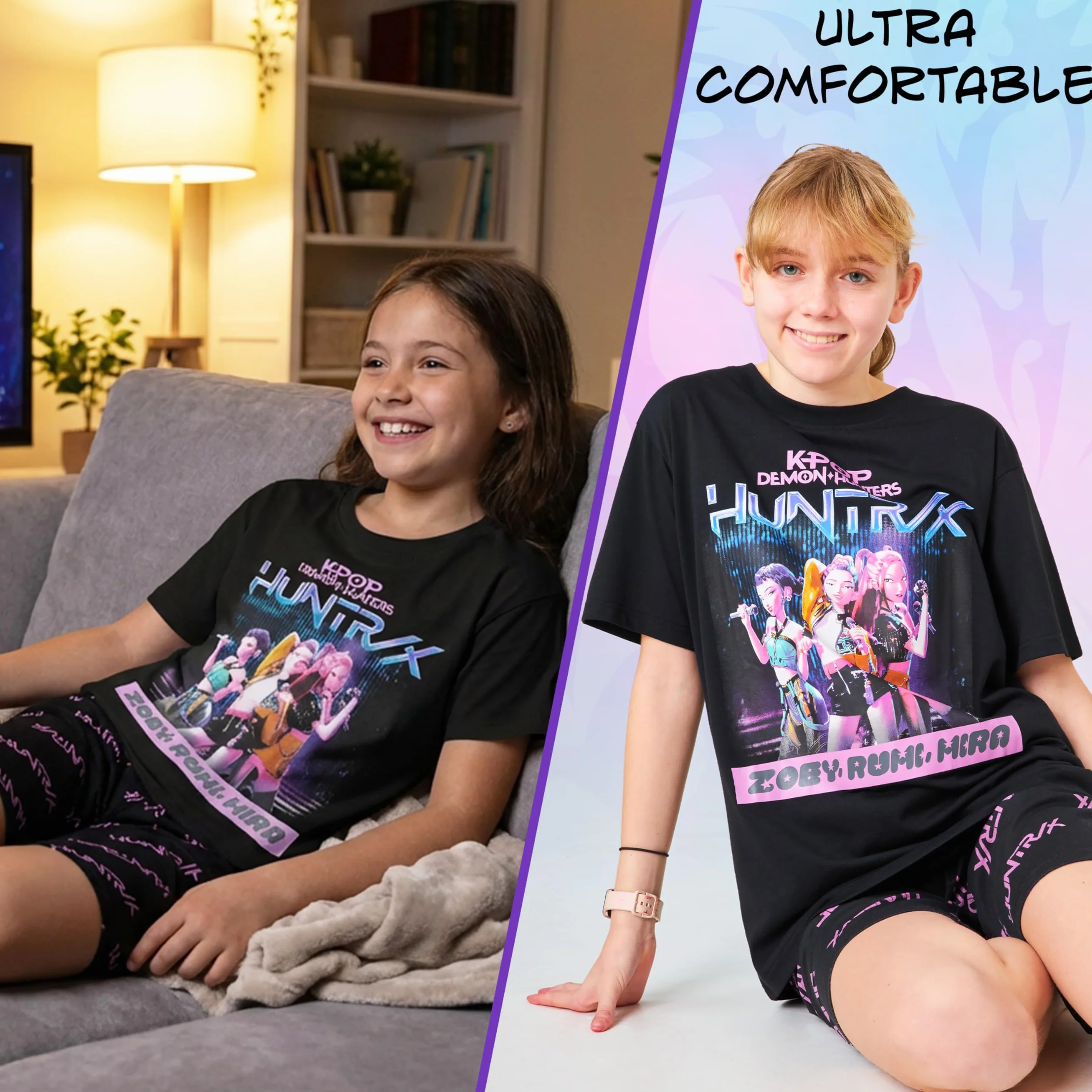 KPop Demon Hunters Oficjalny zestaw piżamy dla dziewcząt, szorty i t-shirt, Huntrix Saja Boys Derpy Tiger, prezent dla dzieci
