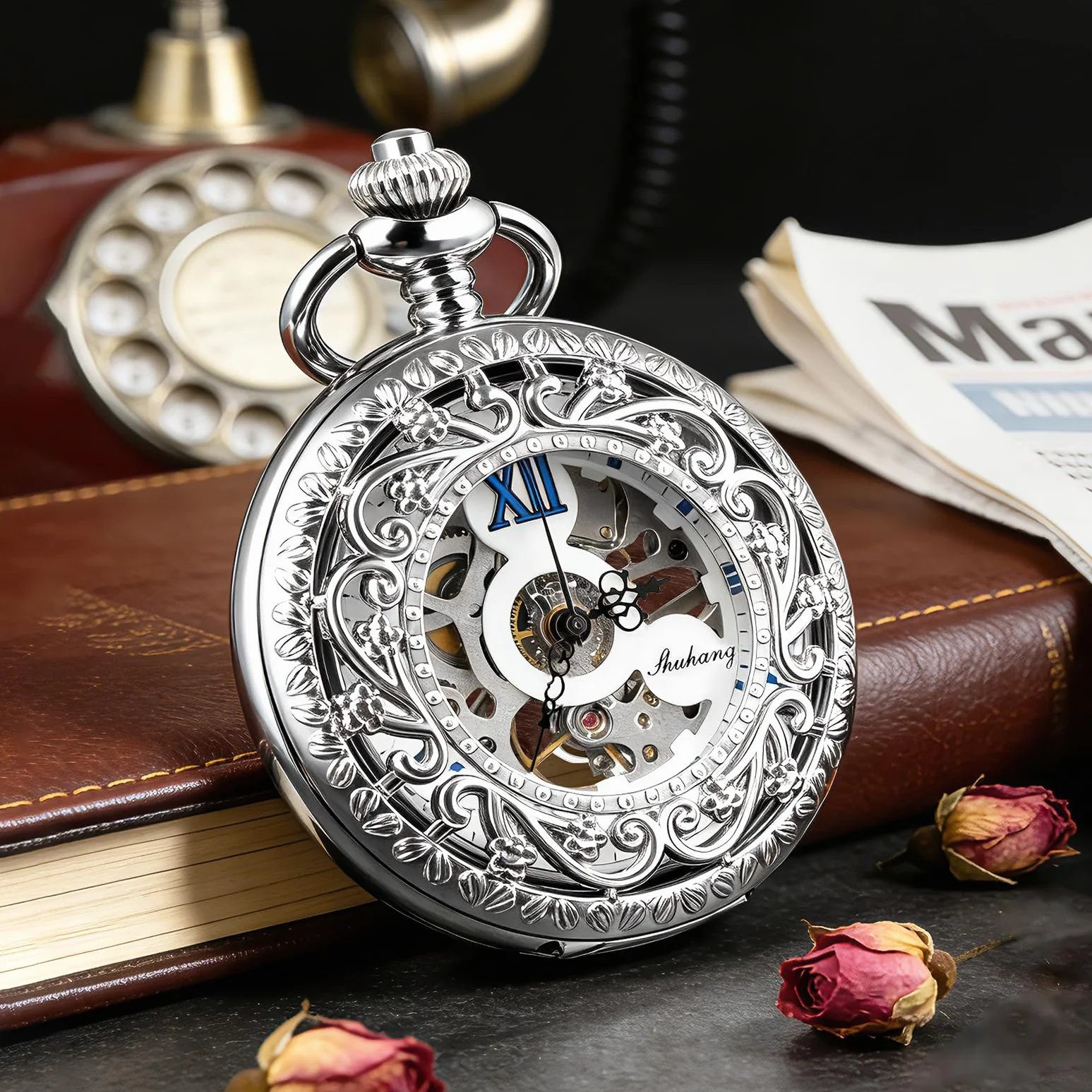 TREEWETO Mekaniczny klin zegarek zegarki kieszonkowe steampunk szkielet retro wisiorek zegarek kieszonkowy zegarek klin złoty zegarek kieszonkowy, srebrny, Srebrny