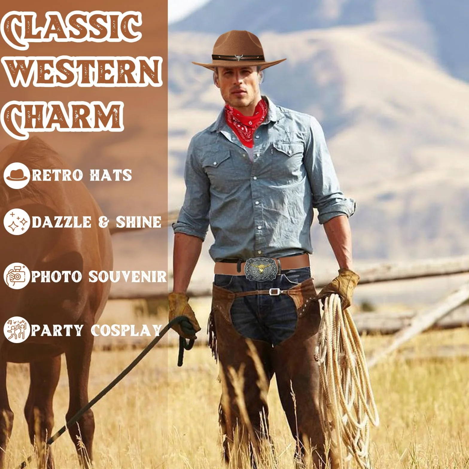 8-częściowy zestaw akcesoriów do kostiumu kowbojskiego, luksusowy zestaw do strojów western z brązowym kapeluszem, paisley bandana, pokrowcem na pistolet, paskiem, sprzączką do bolo