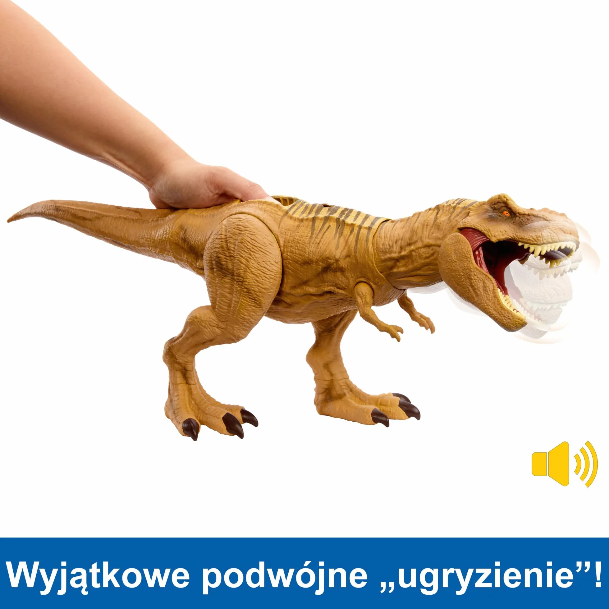 Mattel Jurassic World T-Rex Polowanie i atak Figurka dinozaura z dźwiękami, funkcją polowania i ataku oraz sprzętem tropiącym, dodatkowo zabawa wirtualna. HNT62