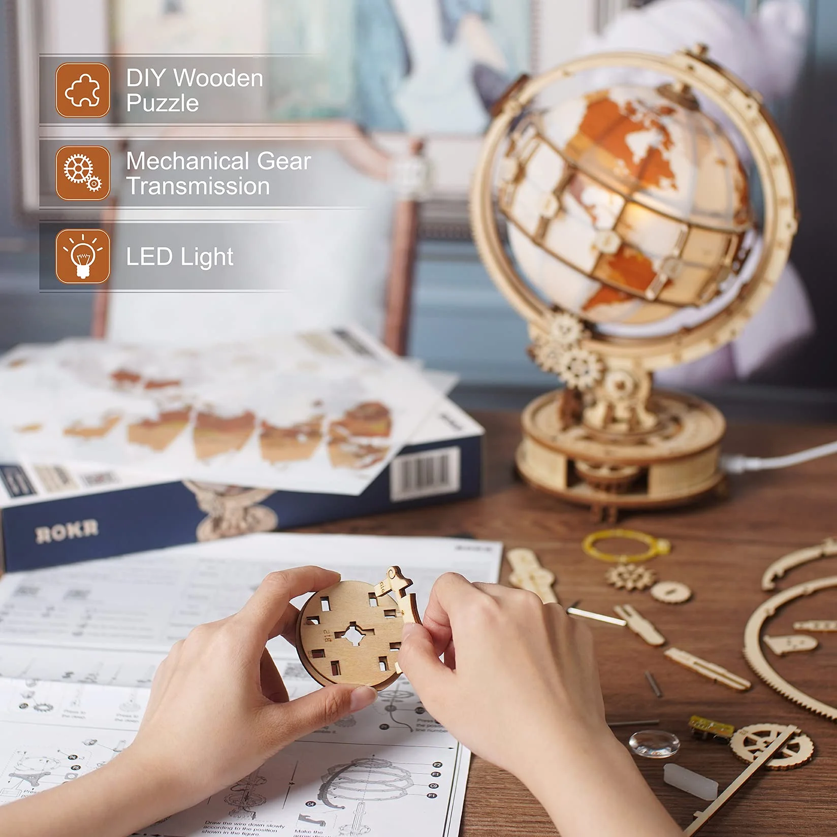ROKR 3D Drewniane Puzzle Świecąca Kula Zestawy Modeli Drewnianych 3D Do Zbudowania Dla Dorosłych Puzzle Mózgowe Prezenty Na Urodziny