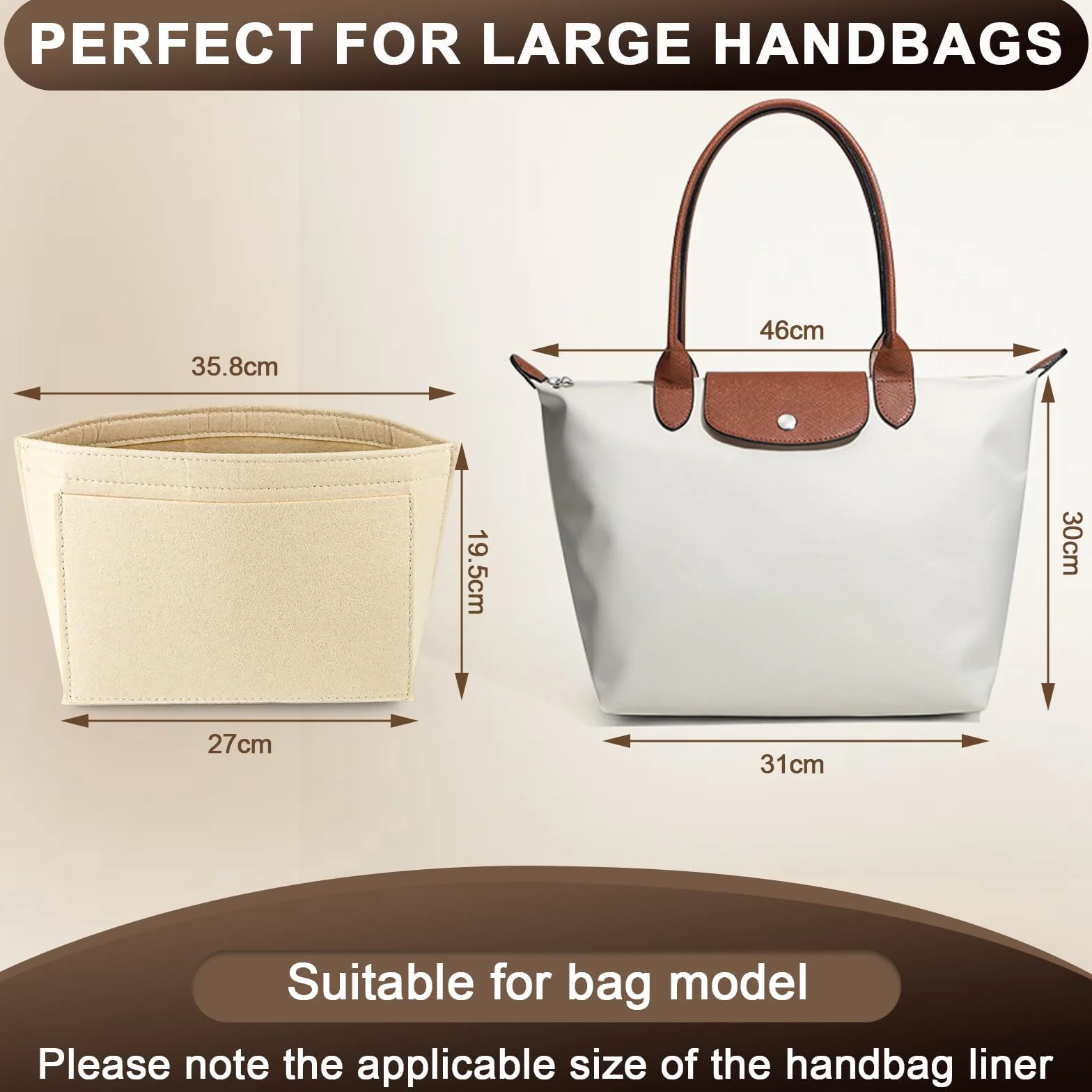 Organizer do torebki damskiej, organizer na torby dla M, filcowy organizer na torebki damskie, wiele kieszeni na torby (beżowy 26 x 20 x 13 cm)