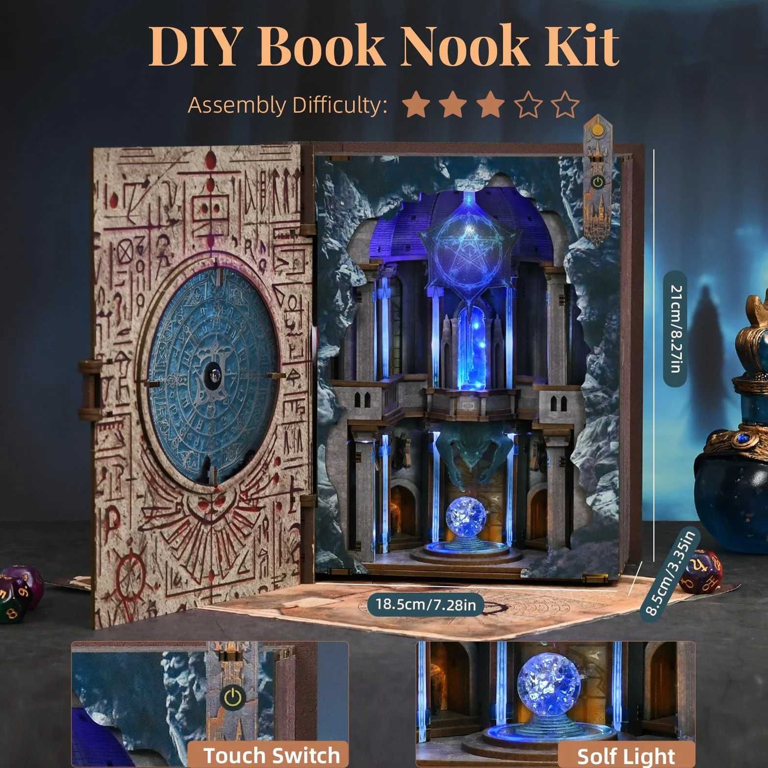 MiniCity Zestaw do budowy zakamarku książkowego dla dorosłych, puzzle z drewna DIY, miniaturowy dom 3D, dom lalek - podpórka do regału, dekoracja z oświetleniem LED, kreatywny prezent dla miłośników
