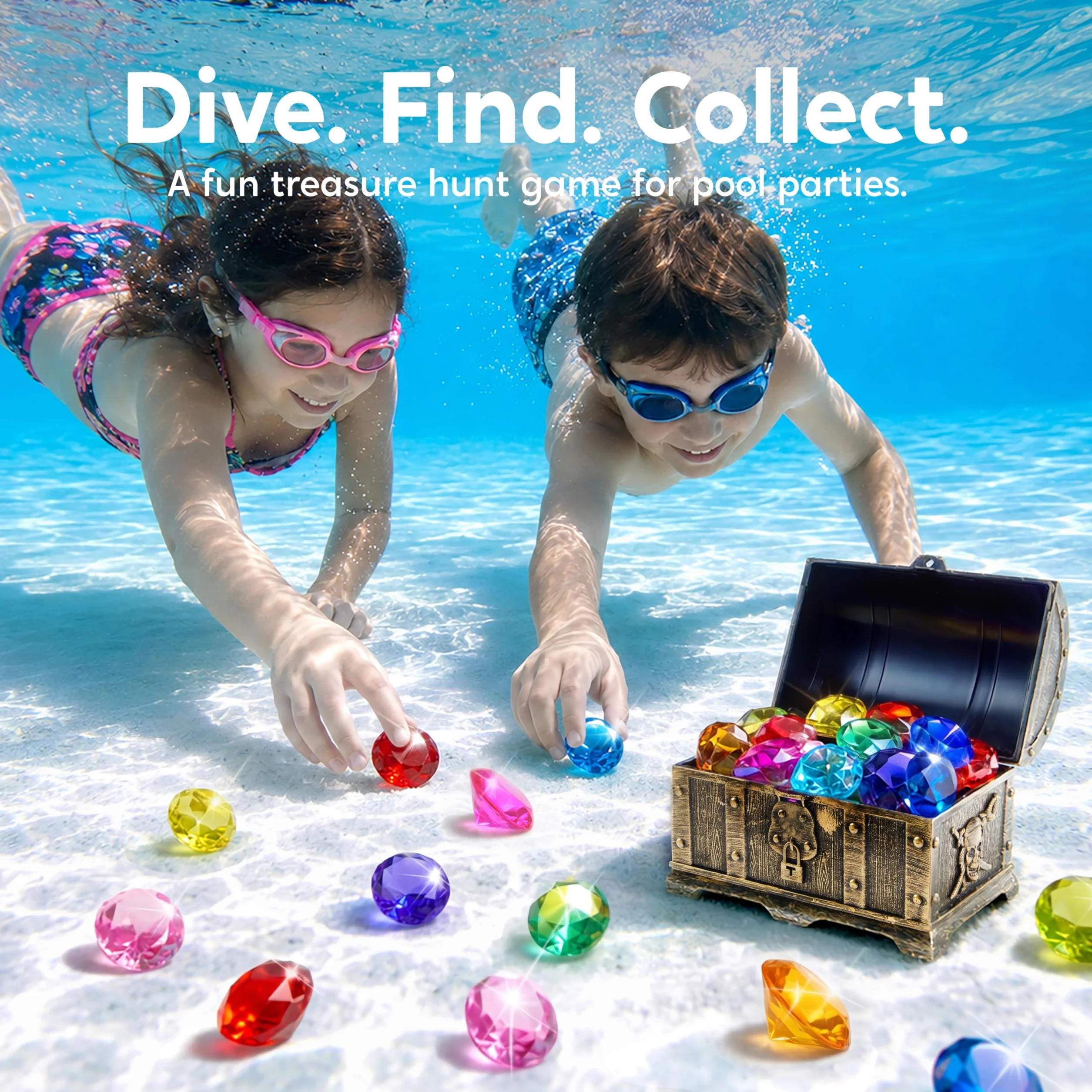 Sloosh Juguetes de piscina Diving Gems, 16 dużych kolorów diamentów Con cofre Del tesoro Pirata, juguete de buceo Para niños Con gemas submarinas, Regalo de entrenamiento de natación.